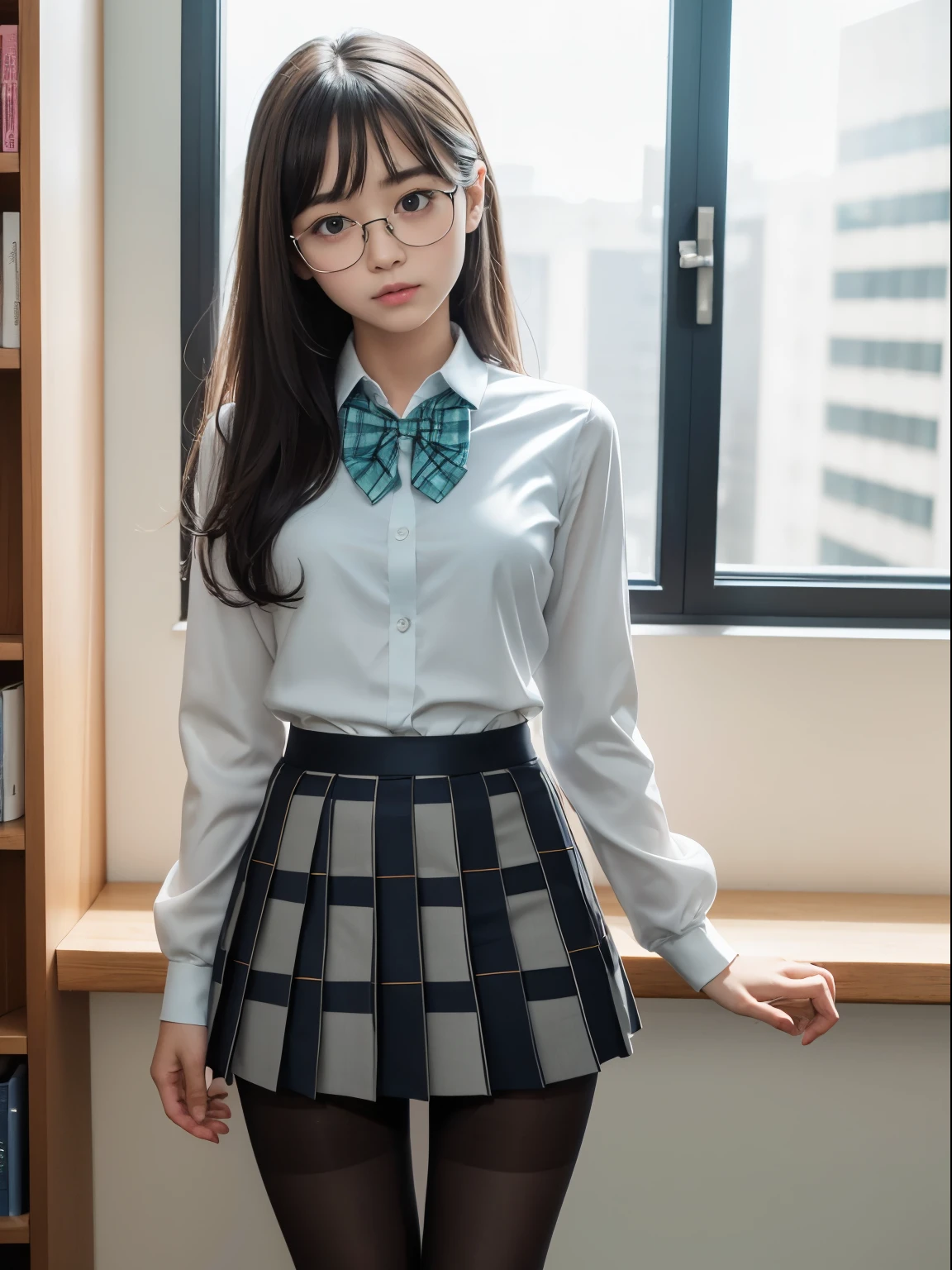 （8k、RAW photography、highest quality、masterpiece：1.2),Cheeky,School,looking at the viewer,Looking at the front,Muchimuchi,erotic,student,Light green Bra,Bra showing through shirt,white skin,knees,,(((black pantyhose)),((black pantyhose)))(((black pantyhose)),((black pantyhose))),absurd,small face,,flat chest,Part the front hair in the middle、I can see the forehead,(cold look,Tight eye,glare,strong,skinny,skinny)、masterpiece,highest quality、超A high resolution,RAW photo,Len,beautiful feces,one person, solo,glasses,,dark look,small breasts,whole body,Round Glasses、cute,JK uniform,high school girl,japanese woman,standing,（Photoreal：1.37）、photon mapping,realistic、beautiful woman,cutesmall face,Brown eye、black socks、(red bow tie)、radio city、Physically based Lensing、Depth of the bounds written、blurred background、picture,body,teenage girl,beautiful feet, long legs, thin legs,(I can see the front hair), hair, lips, green_eye, nose soft,(light blue shirt), (Navy, blue and white plaid pleated skirt), I can see the knees,thin clothing,, thigh, black cotton socks,Nogizaka Idol, actress, Japanese ID information
