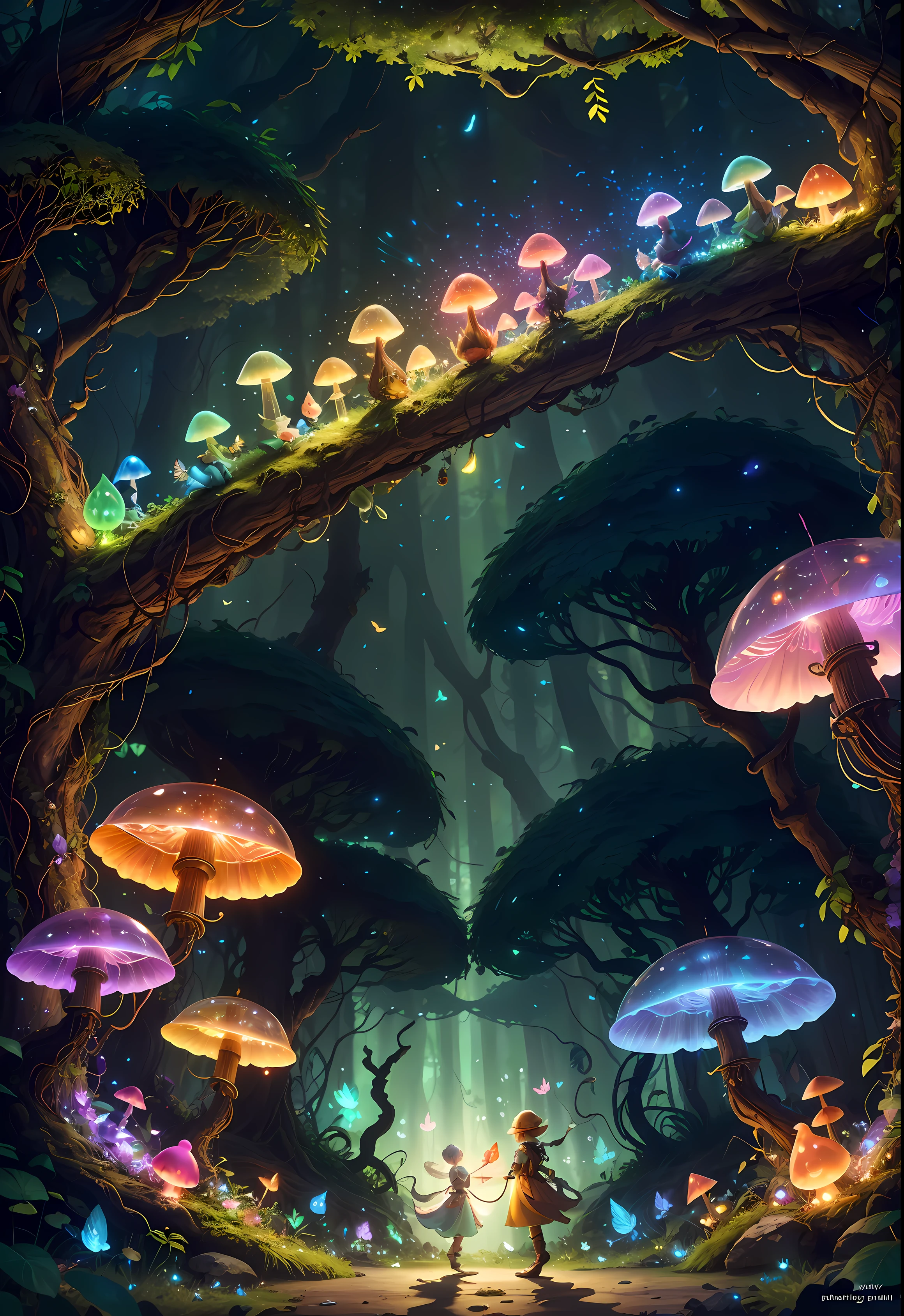 Fantasy in a glass, "ethereal roses, cute slime animals, glowing little mushrooms surrounded by delicate leaves and branches, and fireflies and glowing particle effects, boys in dynamic poses", (natural elements), (jungle theme), (leaves), (branches), (fireflies), butterflies, (delicate leaves), (glow), (particle effects), super realistic, super detailed, dramatic lightning, 4k, masterpiece,