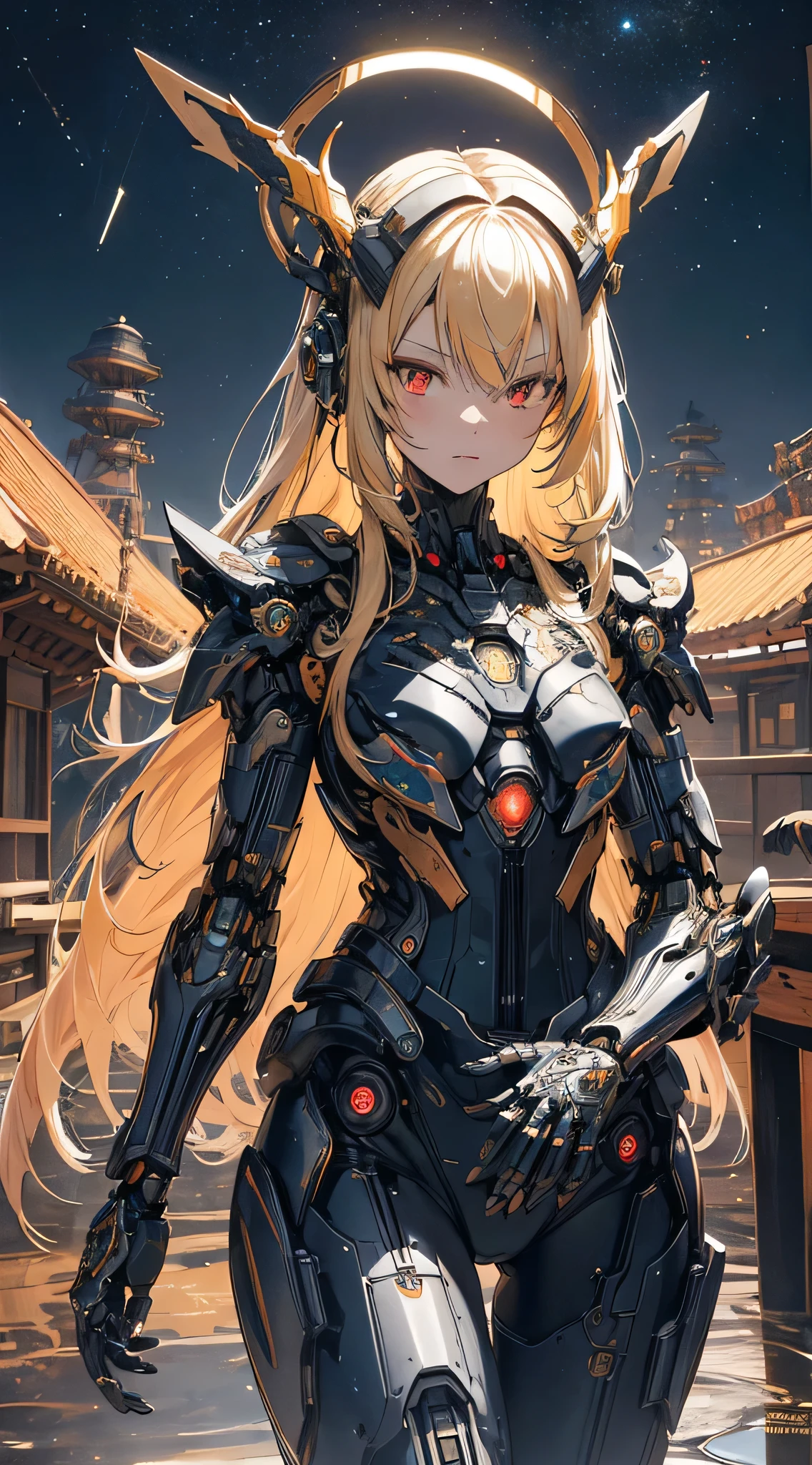 masterpiece,best quality,ultra-detailed,very detailed illustrations,extremely detailed,intricate details,highres,super complex details,extremely detailed 8k cg wallpaper,cowboy shot, caustics,reflection,ray tracing, demon theme,nebula,dark aura,cyber effect, solo ,alone, mecha musume,mechanical parts, robot joints,single mechanical arm, headgear, mechanical halo,star halo,intricate mechanical bodysuit, mecha corset, full armor, very long hair,yellow hair, hair between eyes, multicolored hair, colored inner hair, red eyes random expressions,random action, ancient japanese architecture,pond, starry sky,skyline, (little girl:1.4)