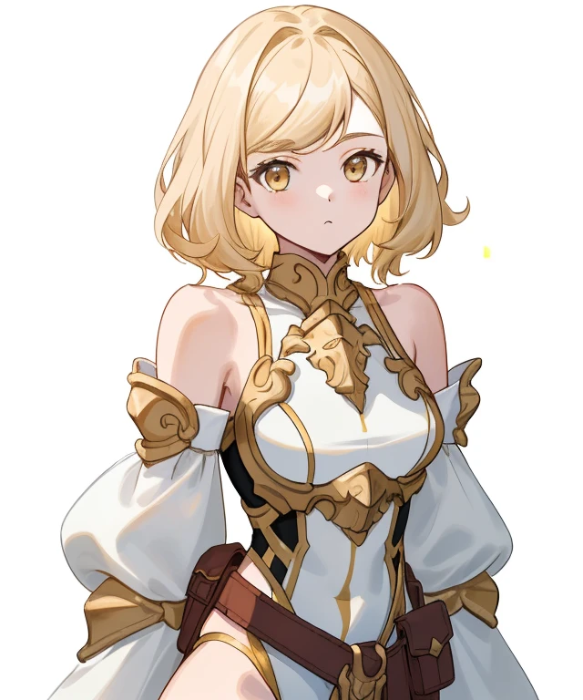 white background, (((8k,Best Quality)), Masterpiece, girl, parted bangs, gauntlet, variety of hair styles, variety of hair colors, (cropped shoulders), ((highleg leotard)), white background, bare shoulders, belt pouch, long puffy sleeves, blurry background, upper body, looking at viewer, straight-on, medium hair,