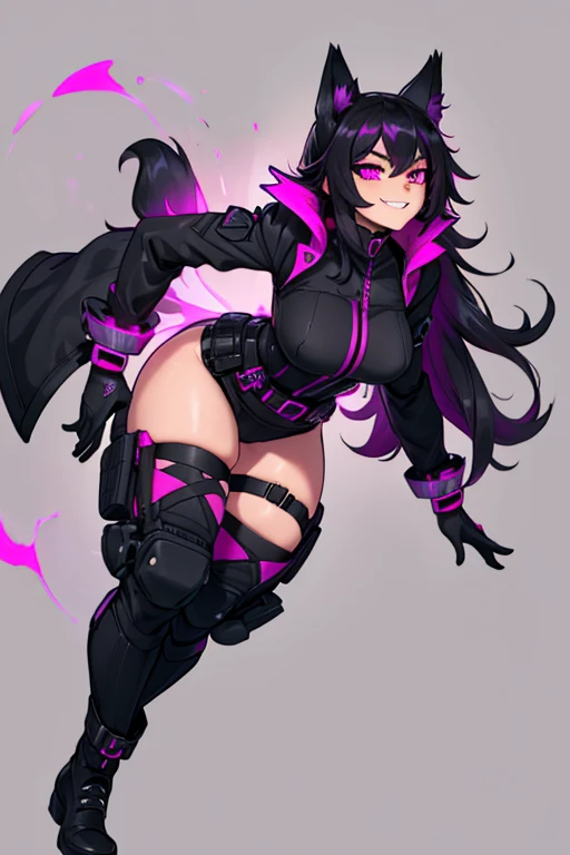 female, black long hair with magenta highlights, silver eyes, black wolf ears, black wolf tail (((1girl))), (((black tactical suit with magenta trim))), (black gloves), (black thigh high tactical belt), (black boots), cute and sexy, full body, large breasts, large butt, long legs, smiling