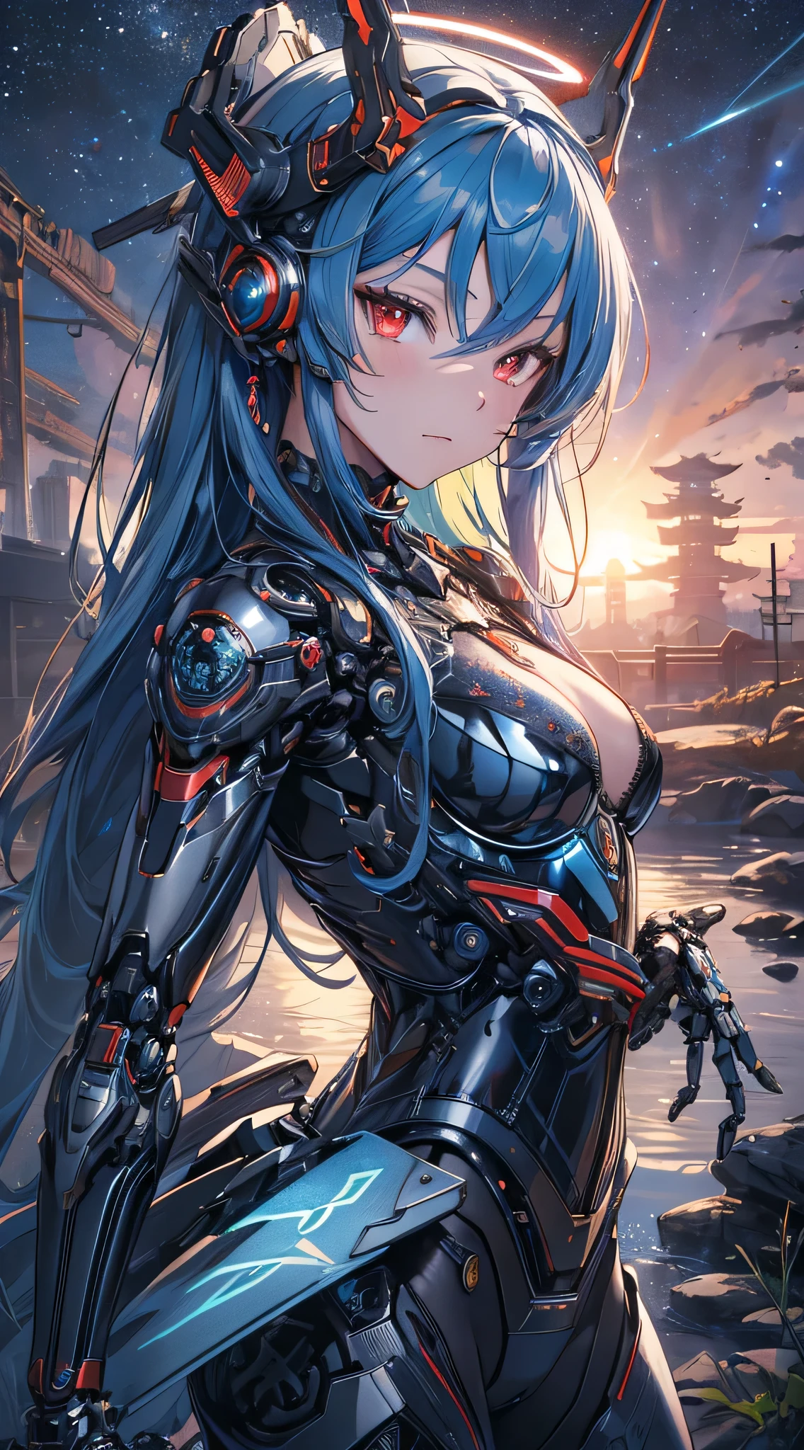 masterpiece,best quality,ultra-detailed,very detailed illustrations,extremely detailed,intricate details,highres,super complex details,extremely detailed 8k cg wallpaper,cowboy shot, caustics,reflection,ray tracing, demon theme,nebula,dark aura,cyber effect, solo ,alone, mecha musume,mechanical parts, robot joints,single mechanical arm, headgear, mechanical halo,star halo,intricate mechanical bodysuit, mecha corset, full armor, very long hair,blue hair, hair between eyes, multicolored hair, colored inner hair, red eyes random expressions,random action, ancient japanese architecture,pond, starry sky,skyline, ( girl:1.4)