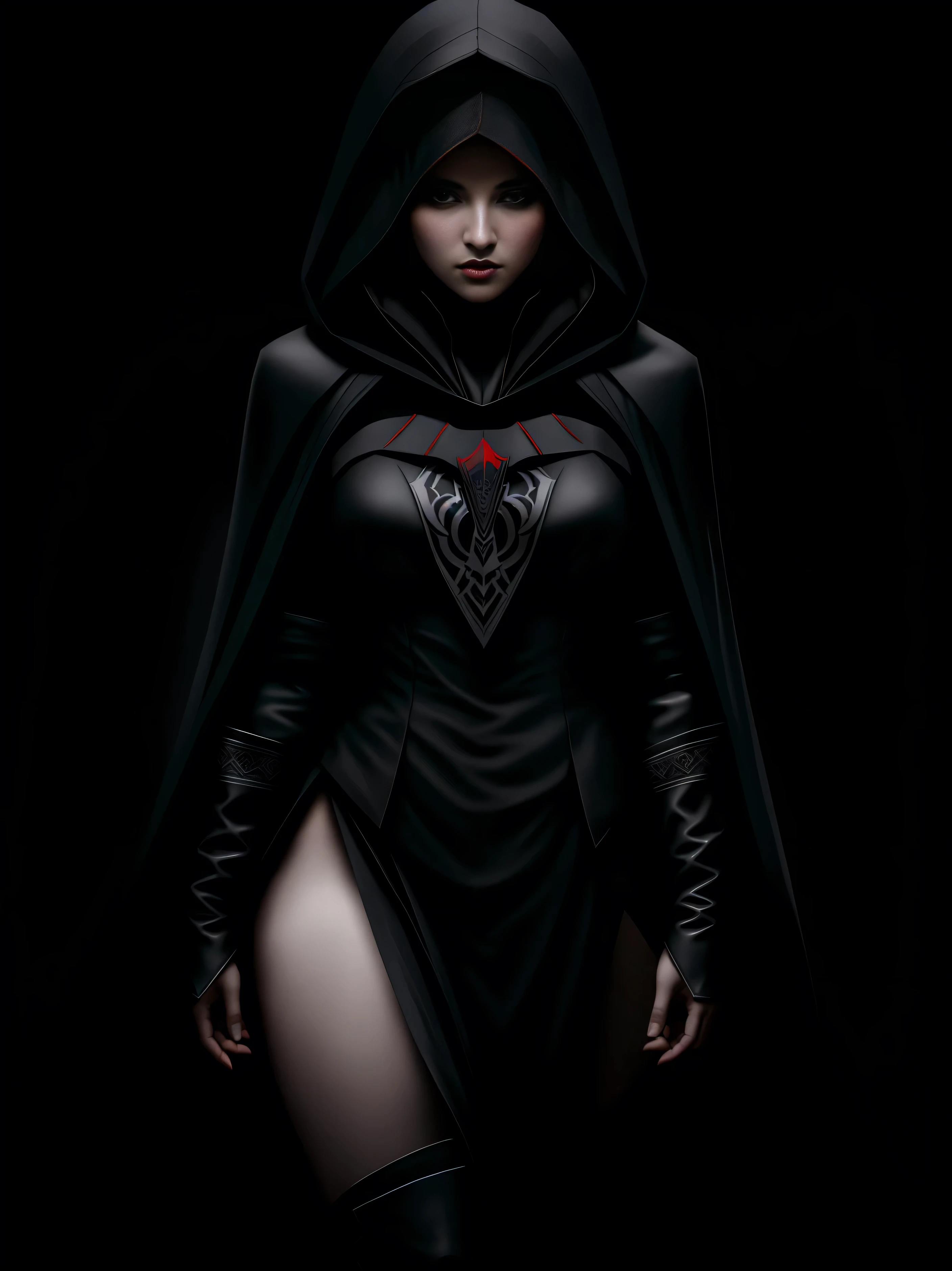 there is a woman, assassins creed , hooded, alluring expression, very bold, upper  visible, full body photo, standing legs apart, pale translucent glowing skin, most beautiful face, cute, ((dark plain black background:1.4))