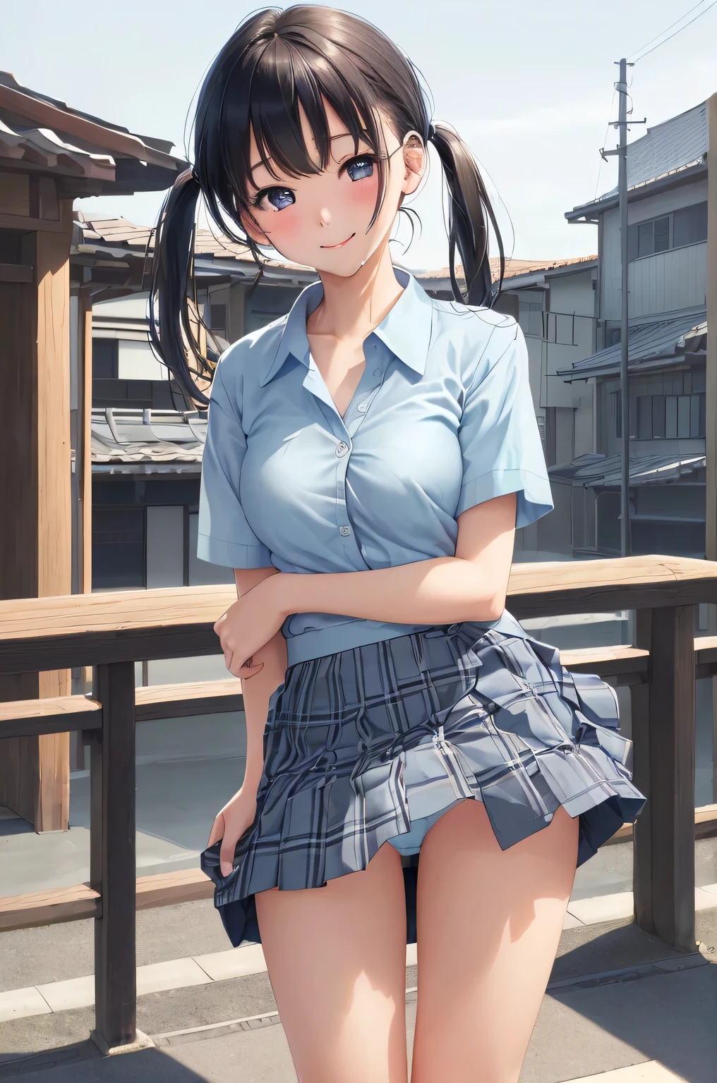 (Masterpiece:1.3、highest quality、Ultra-high resolution、Super detailed)、(Real:1.1、Photorealistic:1.4)、Beautiful illustrations、Perfect lighting、colorful、Border Depth、Beautiful hair in every detail、Beautiful face in every detail、Beautiful definition details、Beautiful clavicle、Beautiful body、Beautiful breasts、Beautiful thighs、Beautiful legs、Beautiful fingers、Show Viewer、1 girl、Japanese、high school girl、Perfect Face、(Perfect Anatomy、Anatomically correct)、Cute and symmetrical face、Baby face、Sunburn、Skin radiance、(Middle Hair:1.5、Twin tails:1.2、Blonde)、Asymmetrical Bangs、blue eyes、Long eyelashes、(Chest)、Skinny、(Pull up your skirt、Not wearing underwear、No underwear:1.5)、((Collared short-sleeved shirt、Light blue shirt、)Grey plaid pleated skirt、Navy ones))、(Beautiful views)、evening、(Outdoor、distant cityscape)、Are standing、(peace sign)、(Cute smile、Blushing、Looking up、Open your mouth)、 (Opening a girl's pussy:1.3)、hour々squat:1.2、Stick your fingers in your:1.2、