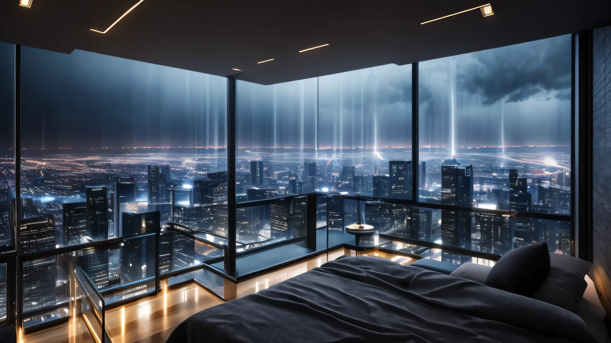 moody aesthetic, beautiful cozy, cramped bedroom with floor to ceiling glass windows overlooking a cyberpunk city at night, view from top of skyscraper, white bedsheets, bookshelves, thunderstorm outside with torrential rain, detailed, high resolution, photorrealistic, dark, gloomy,