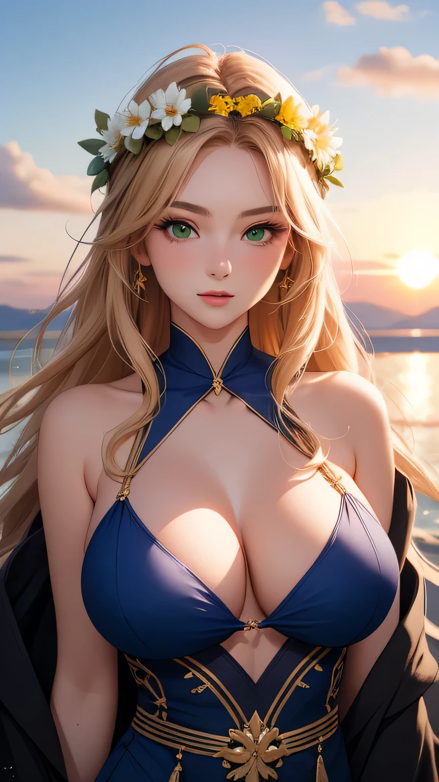 Best quality, 30yo woman, , blonde long hair, green eyes, sexy thin d blue robes, sunset, fabric, upper body, sexy, angelic, flowcrown, skimpy,
