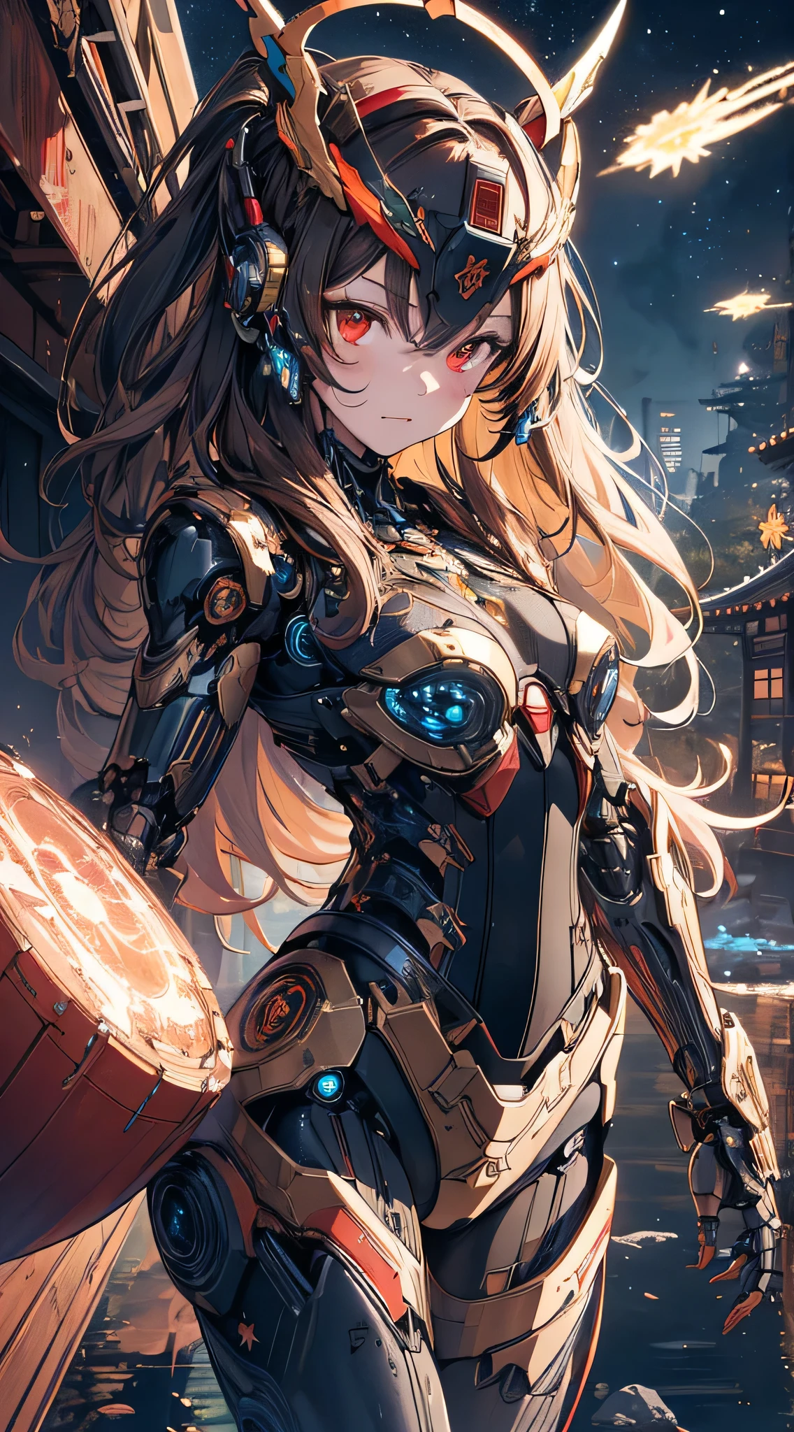 masterpiece,best quality,ultra-detailed,very detailed illustrations,extremely detailed,intricate details,highres,super complex details,extremely detailed 8k cg wallpaper,cowboy shot, caustics,reflection,ray tracing, demon theme,nebula,dark aura,cyber effect, solo ,alone, mecha musume,mechanical parts, robot joints,single mechanical arm, headgear, mechanical halo,star halo,intricate mechanical bodysuit, mecha corset, full armor, very long hair,brown hair, hair between eyes, multicolored hair, colored inner hair, red eyes random expressions,random action, ancient japanese architecture,pond, starry sky,skyline, ( girl:1.4)