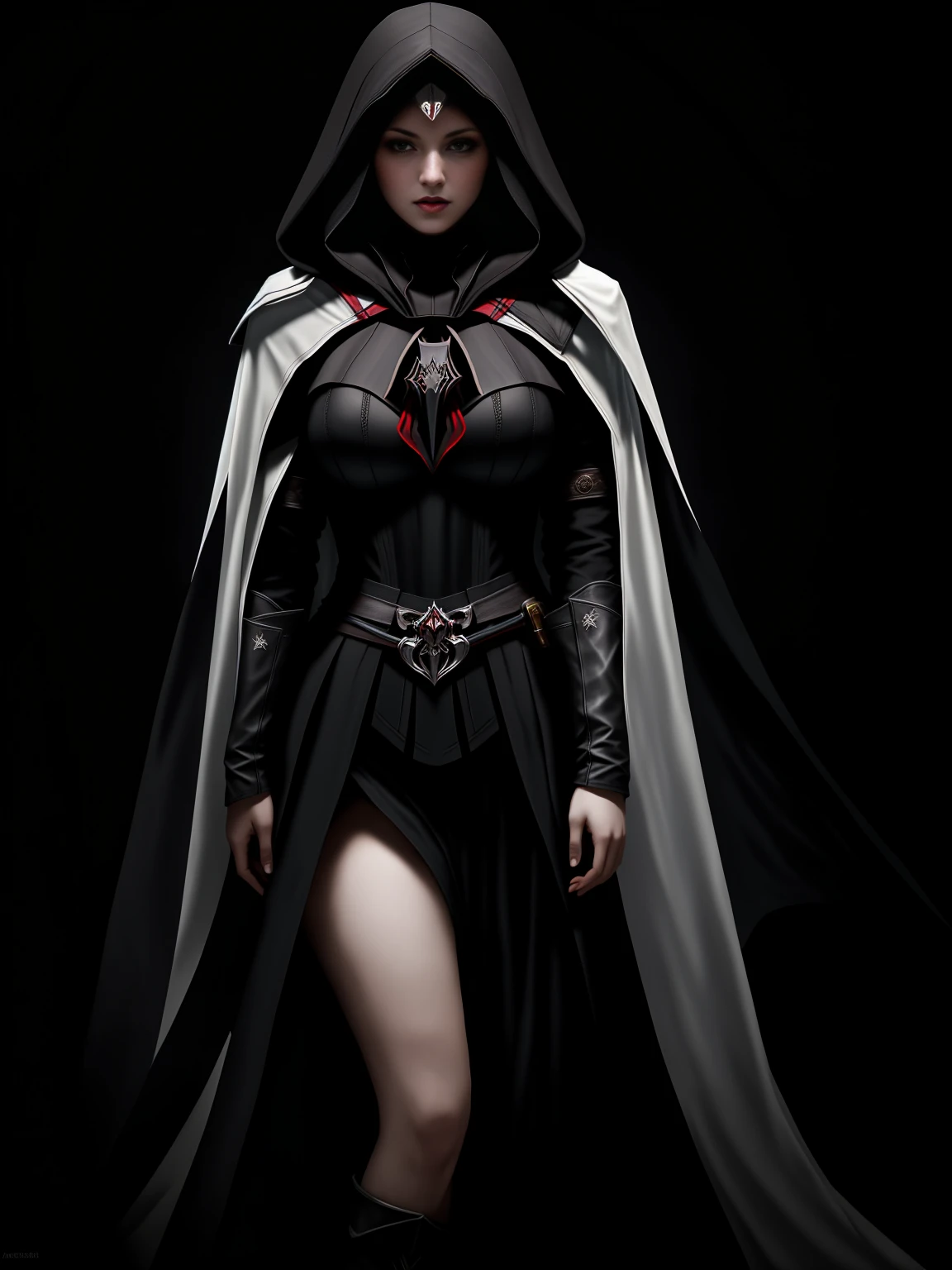 there is a woman, assassins creed , hooded, alluring expression, very bold, upper  visible, full body photo, standing legs apart, pale translucent glowing skin, most beautiful face, cute, ((dark plain black background:1.4))