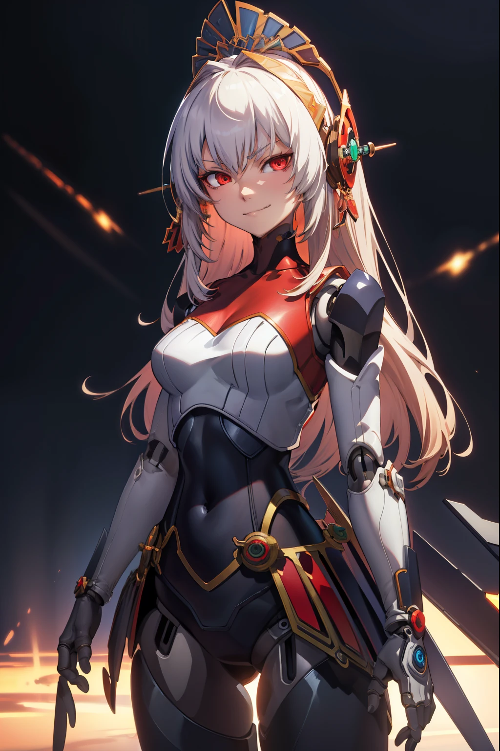 metis,android,robot joints,(extremely detailed CG unity 4k wallpaper),(masterpiece),(best quality),(ultra-detailed),(best illustration),(best shadow),(absurdres),(Simple background), White long hair (Hime cut), Red eyes, Arrogant, Smirk 