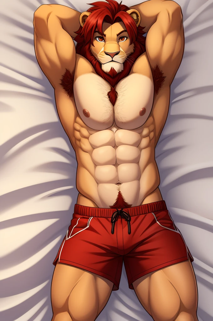 simba, a furry lion, furry, shirtless, muscular, male, masculine, red hair, yellowish fur, long lion tail, brown eyes, hands up behind head, red hairy armpits, cartoony, illustration, sharp focus, smooth colors, medium length hair, two blogs haircut, young guy, red shorts, topless, big pecs, alone, single, smooth lining, lying, white bedlinen, dakimakura