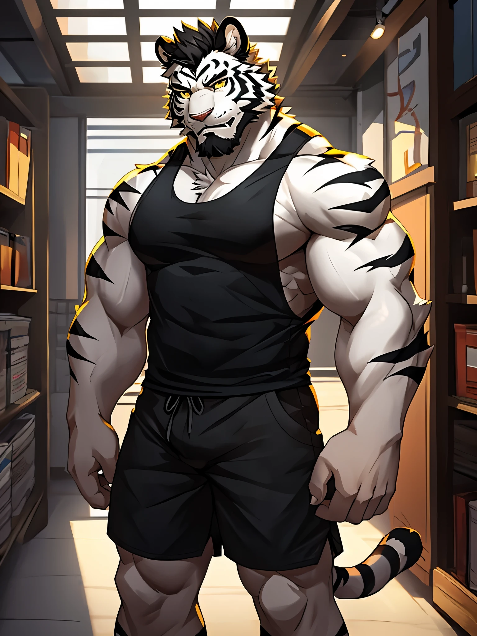 Masterpiece, Solo, Furry Black white Tiger, Black white Fur, Medium hair, Medium Black Facial Hair, Yellow eyes, Adult, Fierce, good looking, Bara, Tank Top, Shorts.