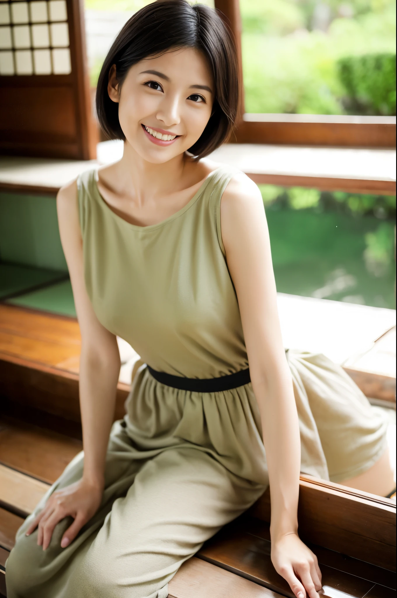 underwear、Portraiture、8k、high quality、Realistic Photographic Images、33 years old、Japanese women、suitable wife、、housewife、Natural and realistic eyes、Japanese Stand、Beautiful black hair、short hair、light makeup、Octane Rendering、Beautiful lighting、Golden ratio composition、Laughter、Casual wear、Casual clothing、Natural background、Blurred Background、High resolution、Pure Japanese humanity、Beautiful wife、Upper Body、light makeup、No makeup、Pure beauty、Private Server、gray、beige、green、Plain、Casual clothing、smile、Small black eyes、Background Blur、Ryokan with an open-air bath