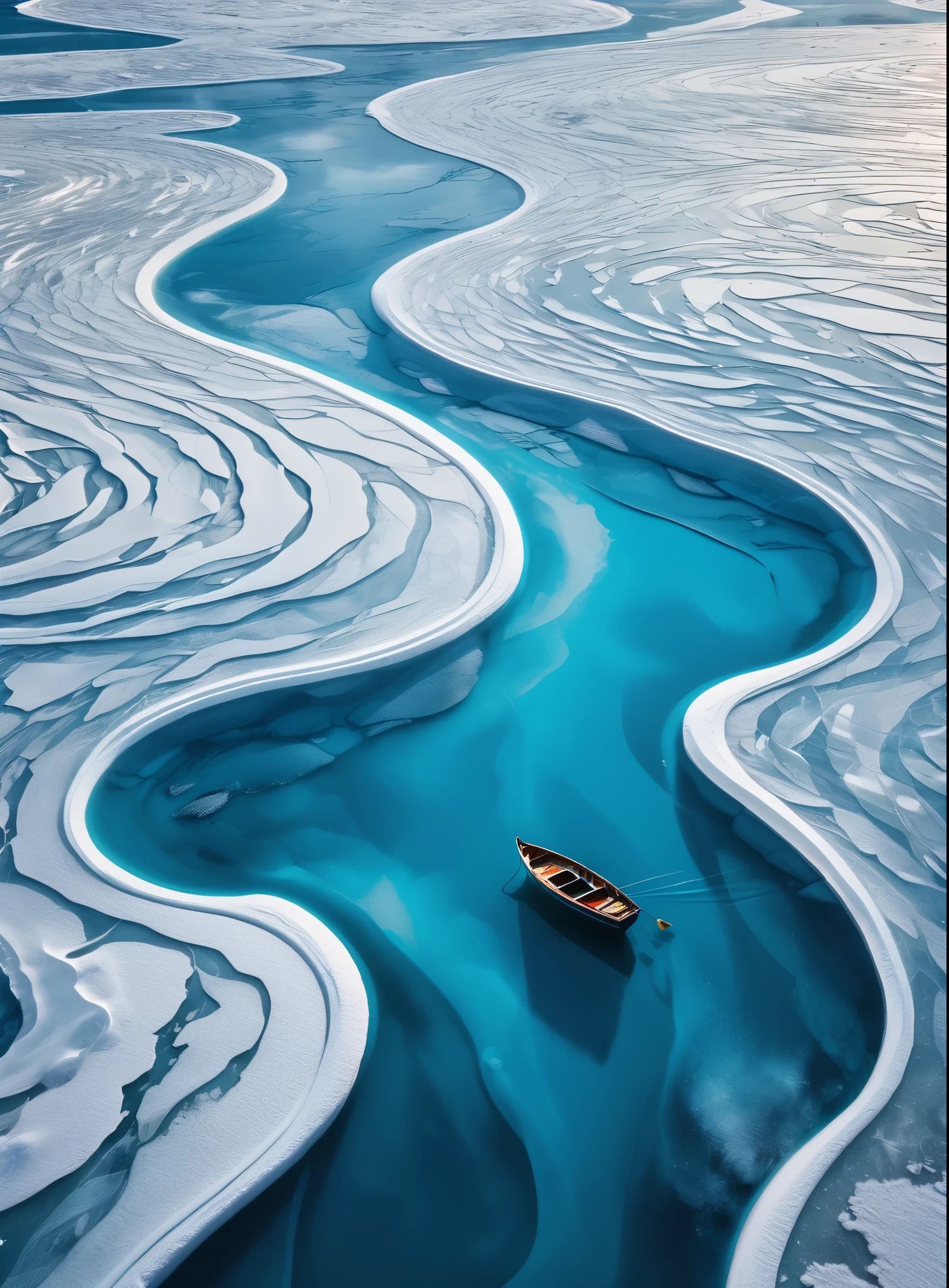 Aerial view of an ice lake with a small boat in the center, surrounded by swirling patterns andvibrant blue water. spiral abyss, The scene is captured from above in a topdown perspective.showcasing intricate details like ripples on surface and layers beneath the snowcovered ground.looking out over the icy expanse. creating a sense of aweinspiring tranquility.