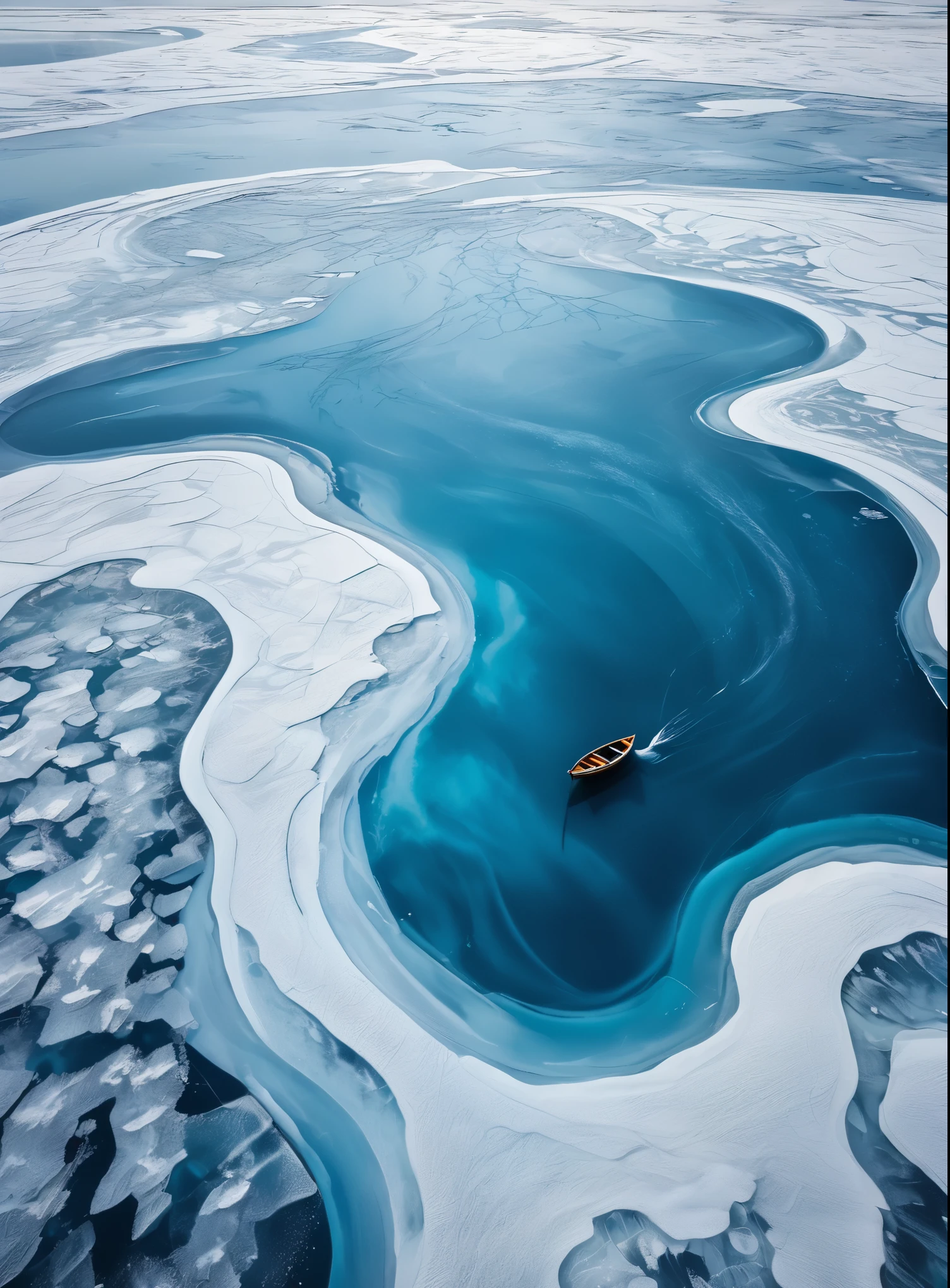 Aerial view of an ice lake with a small boat in the center, surrounded by swirling patterns andvibrant blue water. spiral abyss, The scene is captured from above in a topdown perspective.showcasing intricate details like ripples on surface and layers beneath the snowcovered ground.looking out over the icy expanse. creating a sense of aweinspiring tranquility.