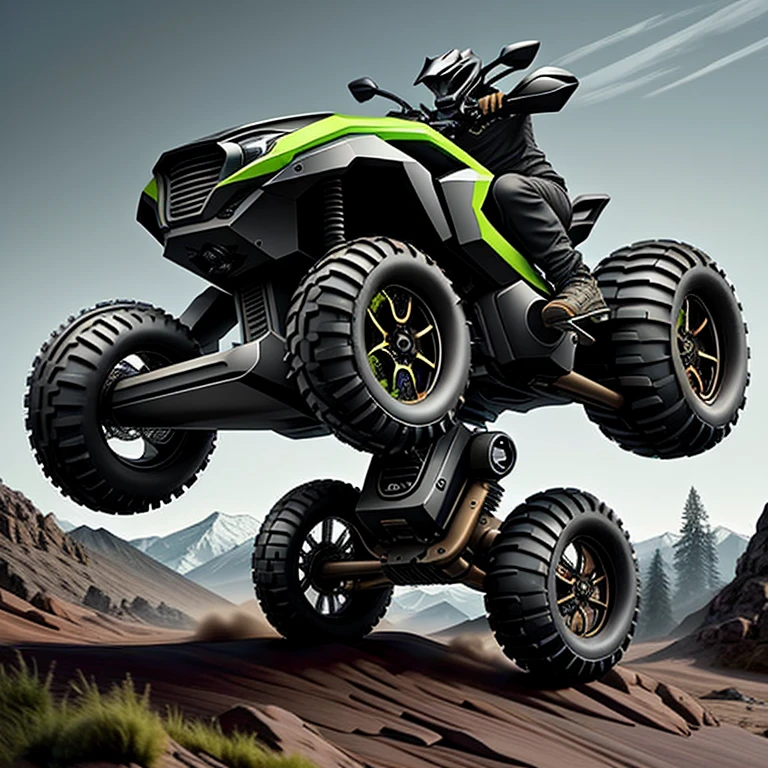 Futuristic all-terrain motorcycle with powerful wheels 