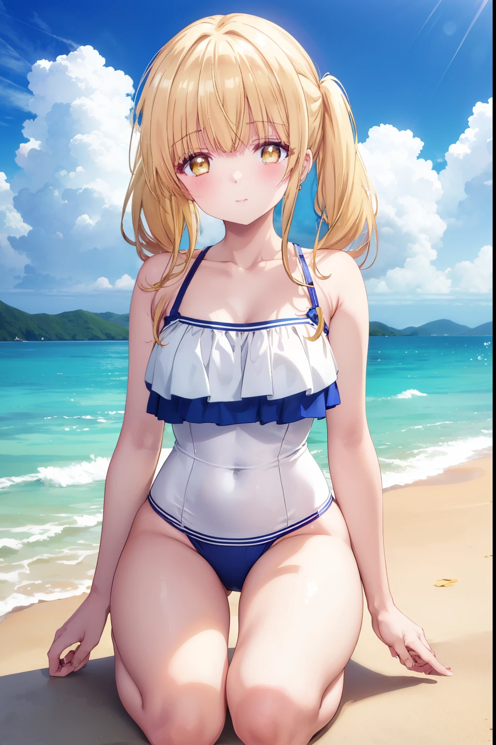 Mahiru shiina, , blonde, (Yellow Eyes:1.3)Twin tails,,blush,smile,in the sea、Wearing a cute swimsuit,Daytime、Wear a swimsuit、Captivating thighs、Beautiful  legs, Skimpy swimwear、、School swimsuit
（masterpiece:1.2), highest quality, High resolution, unity 8k wallpaper, (shape:0.8), (Beautiful and beautiful eyes:1.6), Highly detailed face, Perfect lighting, Highly detailed CG, (Perfect hands, Perfect ),