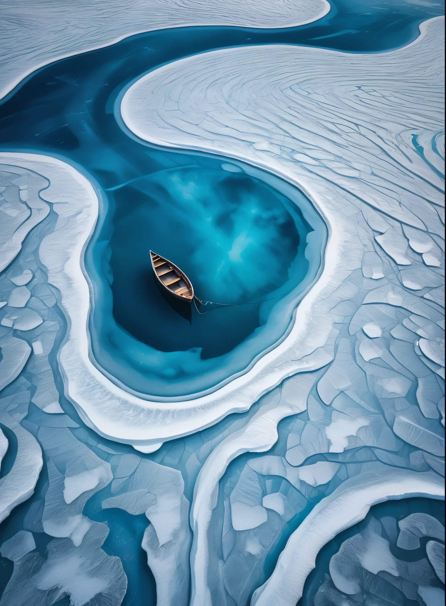 Aerial view of an ice lake with a small boat in the center, surrounded by swirling patterns andvibrant blue water. spiral abyss, The scene is captured from above in a topdown perspective.showcasing intricate details like ripples on surface and layers beneath the snowcovered ground.looking out over the icy expanse. creating a sense of aweinspiring tranquility.