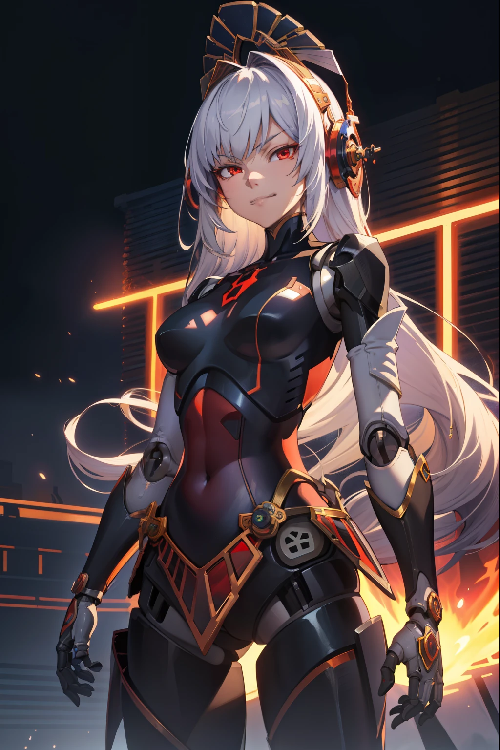 metis,android,robot joints,(extremely detailed CG unity 4k wallpaper),(masterpiece),(best quality),(ultra-detailed),(best illustration),(best shadow),(absurdres),(Simple background), White long hair (Hime cut), Red eyes, Arrogant, Smirk 