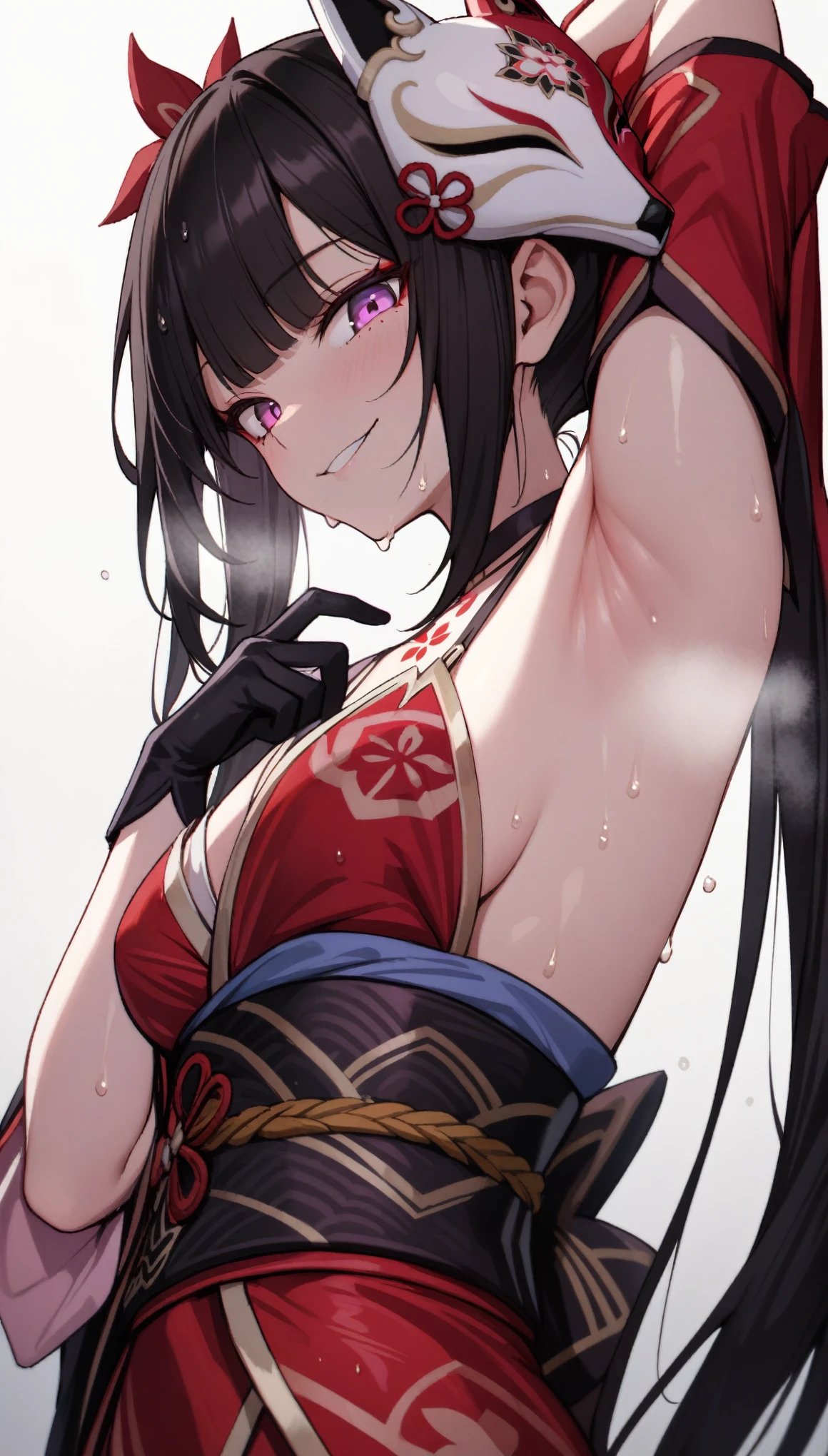 (masterpiece:1.2), hyper detail, best quality, (intricate_details:1.1), beautiful detailed, beautiful hair, solo,1girl,huahuo, 1girl, single_glove, mask on head, sash, black hair, twintails, purple eyes, obi, (fox mask:1.1), single glove, japanese clothes, (Cherry blossom tattoo, chest tattoo:1.1),sweating,heavy breathing,steam,open jacket,greasy shoulder,from below,looking down,flipped hair,armpit,greasy armpit,from side, shoulder focus,wet clothes,((armpit focus)),bare shoulder,smirk,looking at viewer,upper body,hand holding mask,hand on breasts,(sideboobs),five fingers, backlighting,