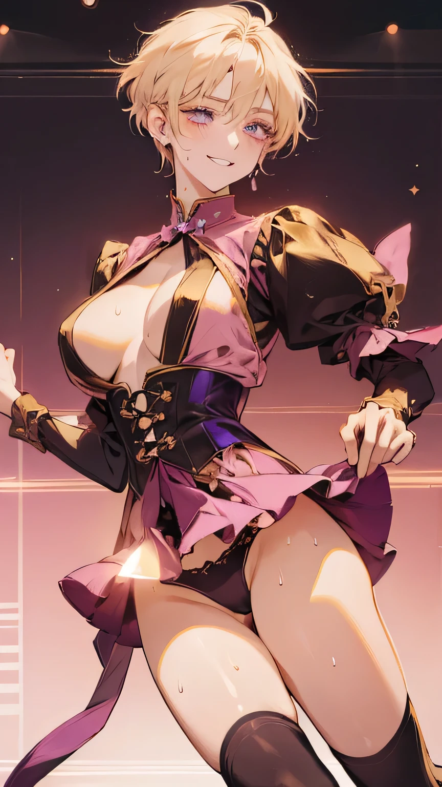 highest quality、Detailed Description. Woman 1,22 years old,Perfect double eyes,Perfect limbs、Accurate anatomy、Detailed Description,Super Beauty,Slender beauty、short hair、Blonde,Golden eyebrows、Pink Cheeks,Beautiful Skin,White and dark purple idol costume、Dark purple 、Black knee-high socks、Beautiful big bred thighs,sing、Dancing、(Provocative smile),((Sweat:1.2)). Live Stage,The pink spotlight shines on her.