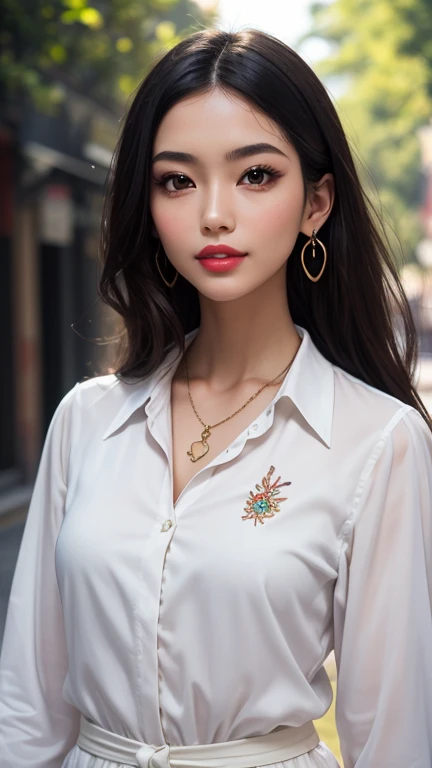 pretty girl: Asian, super cute;
Age: from 18-20 years old;
hair: bronze orange, smooth, shimmering in the sunlight, detailed;
skin: ivory white, rosy and flawless;
eyes: jet black, almond shaped, sexy, youthful, clear, super detailed, elegant, seductive, sharp makeup, realistic, eye-contact;
eyelids: delicate, perfect beauty;
Eyebrows: arched, sparse, sharp;
face: beautiful, pure, like a fairy, with gentle makeup, lovely, perfectly balanced, beautiful in every detail;
nose: pretty, lovely, high;
Cheekbones: prominent;
lips: seductive, light red lipstick, lovely lip gloss;
teeth: radiant, pure white;
charming smile, showing off bright white teeth;
body: full of youth;
accessories: necklaces, earrings, bracelets;
Costume: silk fabric, delicate, embroidered with flowers, ((with the word "Rio Beer" on the shirt));
Fashion style: high-end, modern, luxurious;
Photo quality: non-NSFW, 8K CG HD, sharp, super beautiful graphics, professional, detailed, vibrant colors, super smooth, advanced techniques, true RAW;
light: complex, golden-black rays;
sunlight: sparkling, illuminating the girl's body;
Background: street, cool green trees.