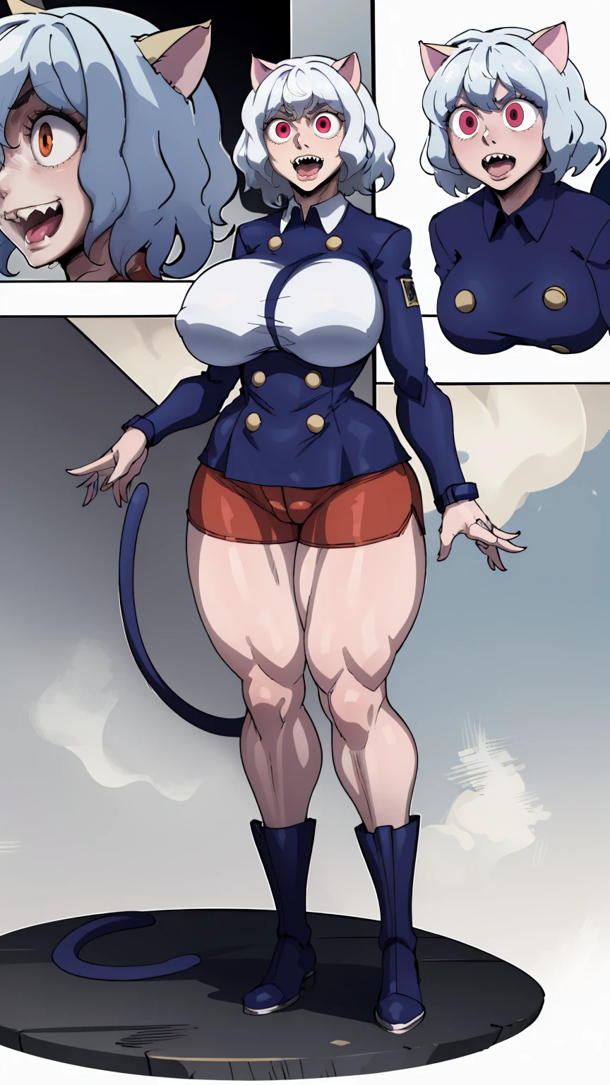 solo,open mouth,fangs,smile, Neferpitou,1girl,red eyes,cat ears, blue jacket,double-breasted, (nature:1.2),stading, full body, boots, huge breast, curvy, tall female,refsheet, cat tails,Neferpitou,1girl,red eyes,cat ears, blue jacket,double-breasted, (brown shorts:1.2),striped, brown socks,blue footwear, doll joints,(nature:1.2),solo,combat stance,lora:add_detail:1>,solo,open mouth,fangs,smile, fangs, sharpteeth,,{best quality}, {amazing quality} {best quality},{amazing quality},, {absurdres},{{highres}}, {very aesthetic}, {detailed}, curvy, tall, huge breast, character focus, white background,full-length portrait,