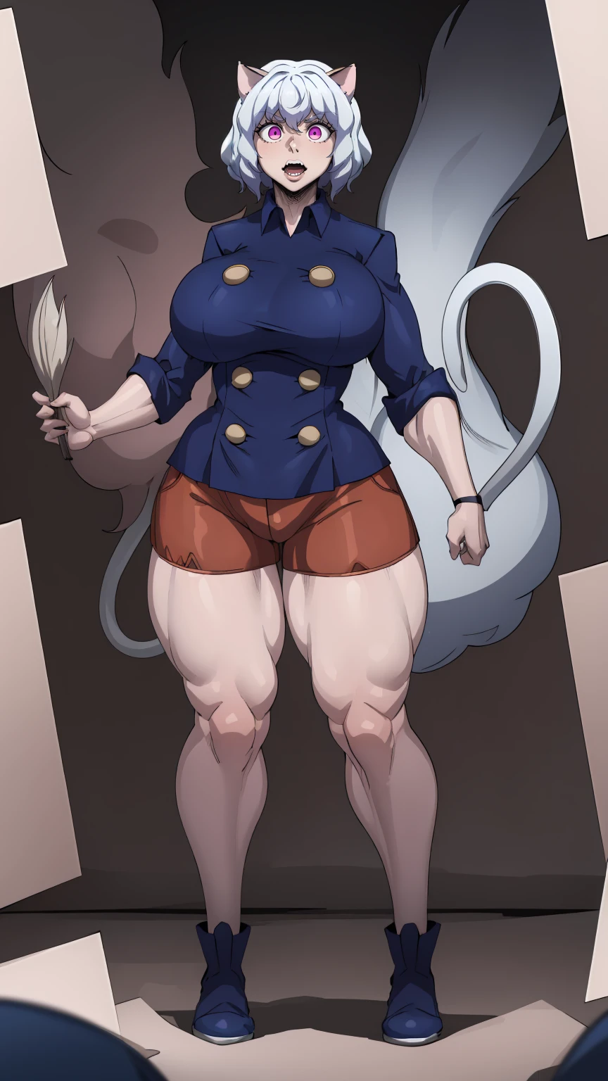 solo,open mouth,fangs,smile, Neferpitou,1girl,red eyes,cat ears, blue jacket,double-breasted, (nature:1.2),stading, full body, boots, huge breast, curvy, tall female,refsheet, cat tails,Neferpitou,1girl,red eyes,cat ears, blue jacket,double-breasted, (brown shorts:1.2),striped, brown socks,blue footwear, doll joints,(nature:1.2),solo,combat stance,lora:add_detail:1>,solo,open mouth,fangs,smile, fangs, sharpteeth,,{best quality}, {amazing quality} {best quality},{amazing quality},, {absurdres},{{highres}}, {very aesthetic}, {detailed}, curvy, tall, huge breast, character focus, white background,full-length portrait,