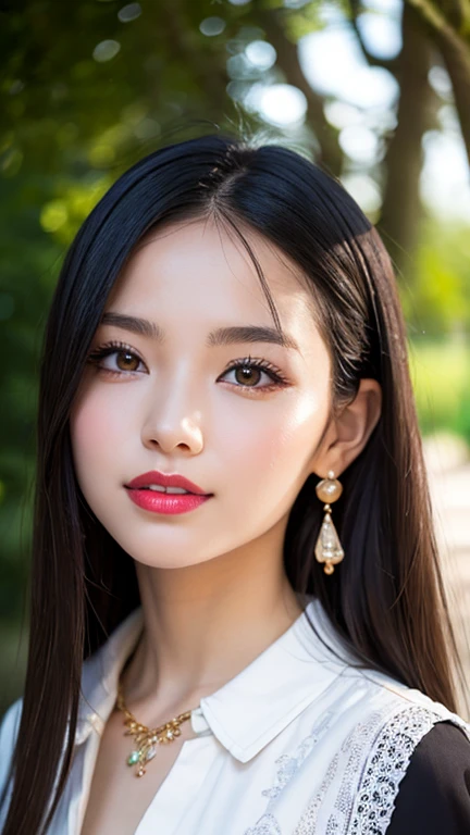 pretty girl: Asian, super cute;
Age: from 18-20 years old;
hair: bronze orange, smooth, shimmering in the sunlight, detailed;
skin: ivory white, rosy and flawless;
eyes: jet black, almond shaped, sexy, youthful, clear, super detailed, elegant, seductive, sharp makeup, realistic, eye-contact;
eyelids: delicate, perfect beauty;
Eyebrows: arched, sparse, sharp;
face: beautiful, pure, like a fairy, with gentle makeup, lovely, perfectly balanced, beautiful in every detail;
nose: pretty, lovely, high;
Cheekbones: prominent;
lips: seductive, light red lipstick, lovely lip gloss;
teeth: radiant, pure white;
charming smile, showing off bright white teeth;
body: full of youth;
accessories: necklaces, earrings, bracelets;
Costume: silk fabric, delicate, embroidered with flowers, ((with the word "Rio Beer" on the shirt));
Fashion style: high-end, modern, luxurious;
Photo quality: non-NSFW, 8K CG HD, sharp, super beautiful graphics, professional, detailed, vibrant colors, super smooth, advanced techniques, true RAW;
light: complex, golden-black rays;
sunlight: sparkling, illuminating the girl's body;
Background: street, cool green trees.