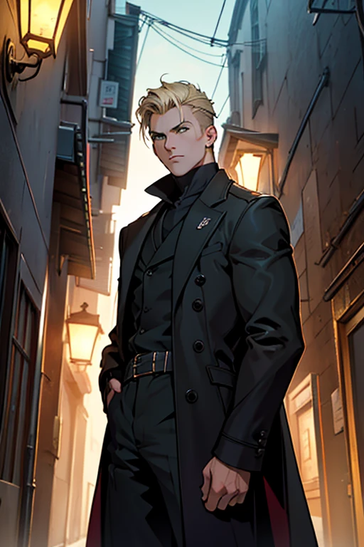 A young man with short blond hair, standing at 1.8 meters tall, wearing a long black overcoat. He has piercing green eyes that stand out against his fair complexion. The coat is snugly fitted, emphasizing his lean physique. The lighting is dramatic, casting deep shadows and highlighting the contours of his face. The overall image quality is of the highest standard, with ultra-detailed features and a realistic appearance. The artwork is created using traditional mediums, giving it a classic and timeless quality. Vibrant colors are used to enhance the visual impact, with a slight emphasis on cool tones. The scene is set in a dimly lit alley, adding a sense of mystery and intrigue. The character stands with a confident posture, his gaze focused and determined. This artwork combines elements of portrait photography and concept art, resulting in a unique and captivating style.