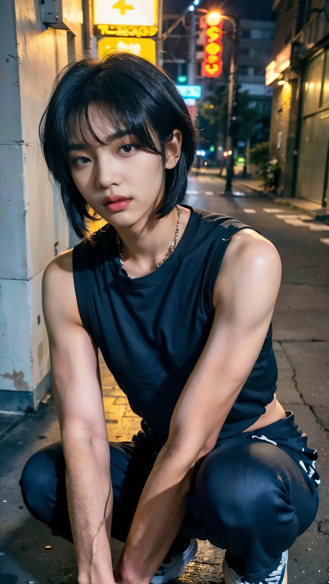 Realistic photos, 8k,(((A bustling neon street,Crouching,Begging,Homeless,Handsome young Korean ladyboy with bob cut))),(((Big eyes,Glaring at the camera,Unpleasant,Bad mood))),Chest is male,18-year-old,(Ultra-realistic), (figure), (High resolution), (8k), (Very detailed), (Best figure), (Beautiful fine details), (highest quality), (Super detailed), (masterpiece), (wallpaper), (Detailed face), ((whole body,Flat Chest,Quite muscular,massive)),alone,Black hair bob cut,(((A girl with makeup on her face,The body is a perfect man))), Black tank top,Training pants,Transgender,Korean,kpop,Holding a menu written on cardboard,Muscular male chest