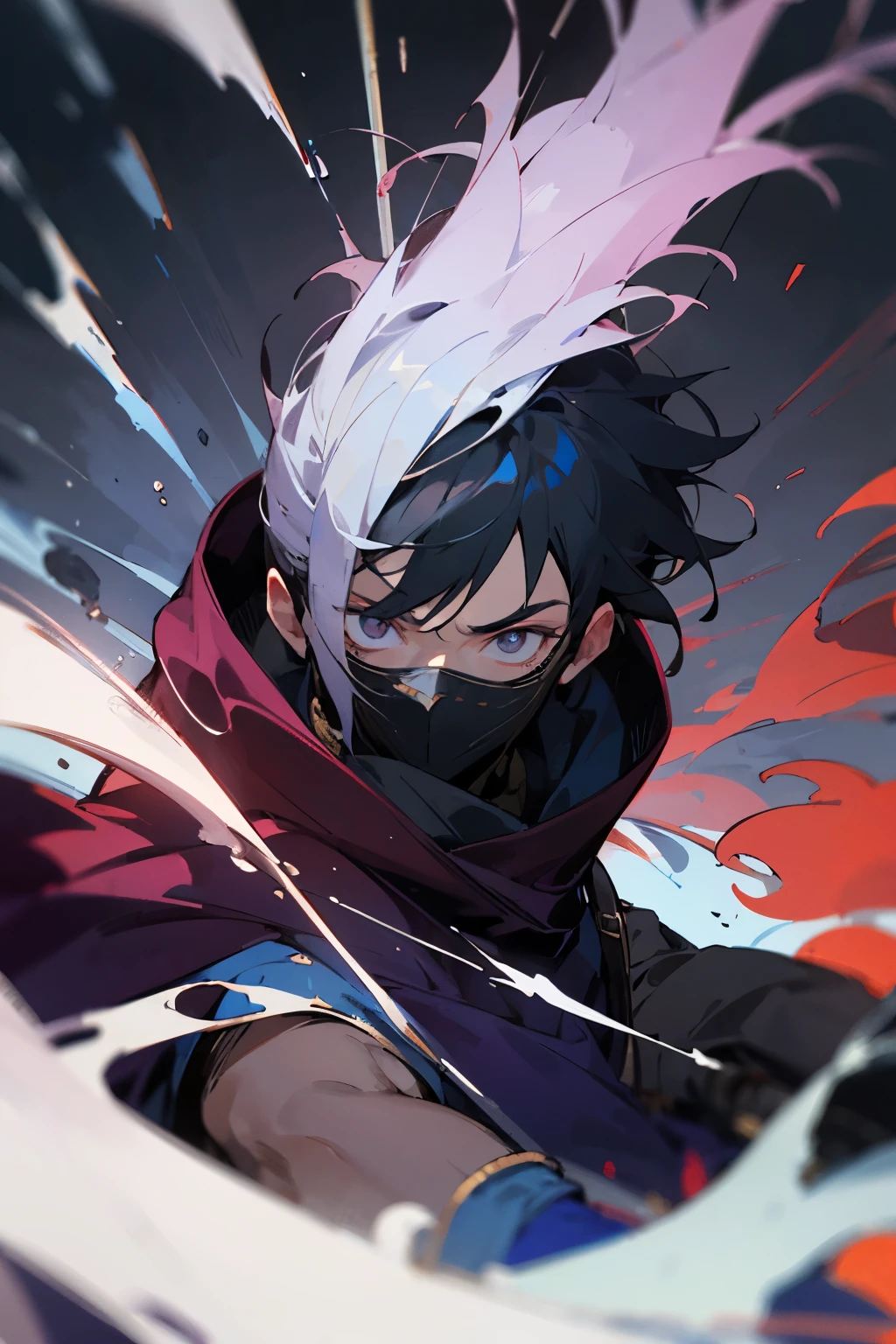a young man assassin with half his face covered by a mask and hood, long dark purple clothing, a dagger in one hand and a magical aura he is