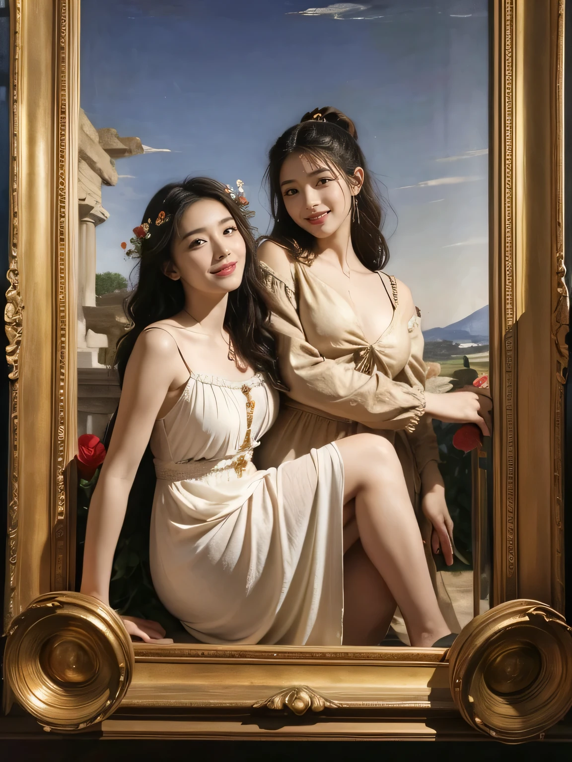 full body portrait or statue、Giorgione painting style,Arguments of two female Philosophe,math、astronomical machine、astronaut、roses in vase、fruits、Cute trinkets、smile、ancient greek costume、Ancient Roman landscape in the style of Nicolas Poussin,laughter,,Sweet and seductive appearance.、Caravaggio's paintings、Chiaroscuro of Caravaggio、hair tousled by the wind,Two women frolicking,cute smile, expression of ecstasy,Sexy,erotic,