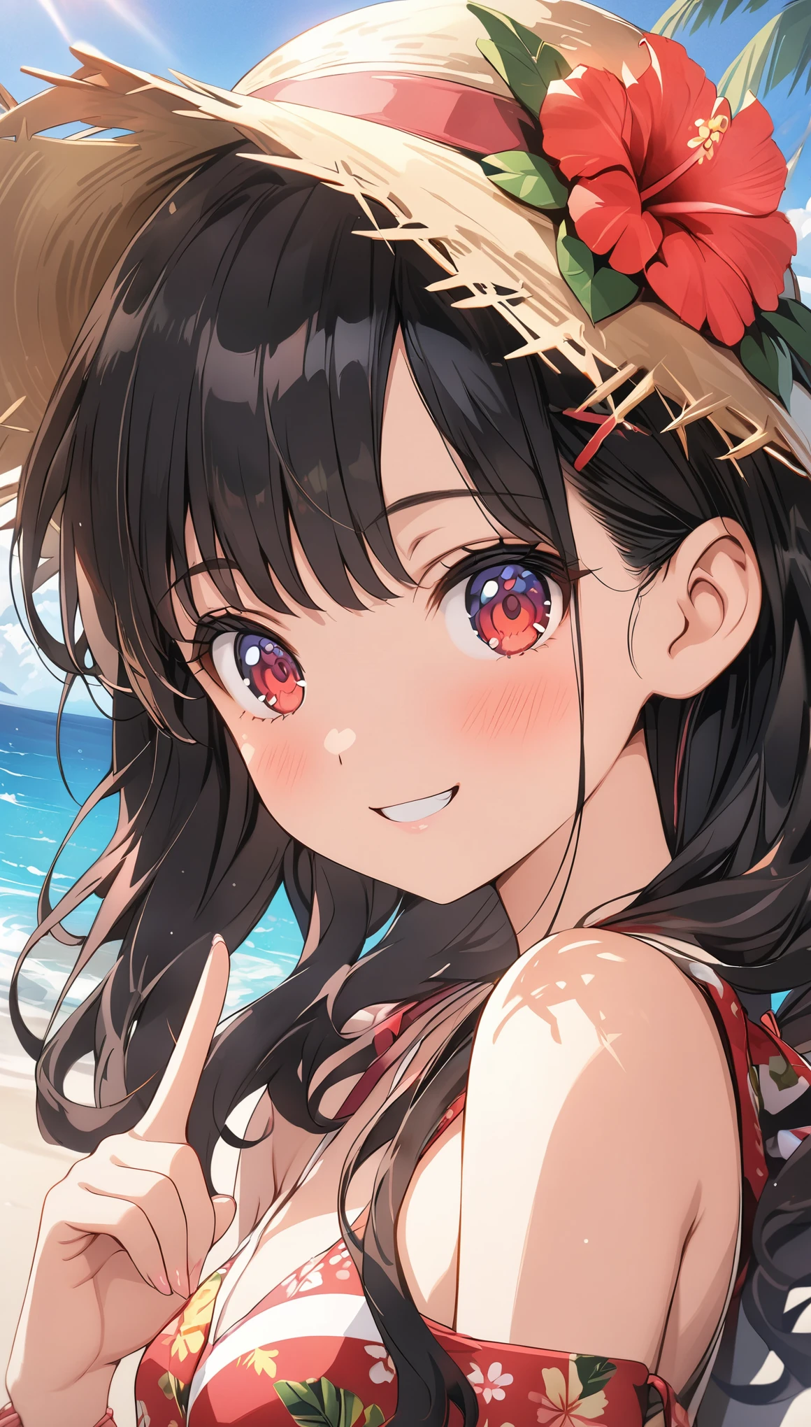 (masterpiece, highest_quality), very be familiar with cg unity 8k wallpaper, wonderful_Are you okay_figure, BREAK 1girl, long black hair wearing a straw hat, small breasts, (shy smile), red eyes, anime style 4k, beautiful anime portrait, anime moe art style, anime art wallpaper 4k, High quality anime art style, anime style portrait, be familiar with digital anime art, anime art wallpaper 8k, cute anime girl portrait, Hawaii background, blue sea, palm trees, sunlight, whole body, BREAK depth of field, perfect hands, nice fingers, 5_finger, 4_finger,1_thumb,