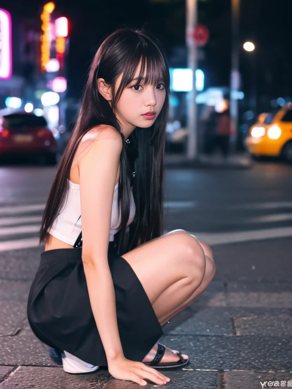 insanely detailed, absurdres, city, female, shy, embarrassed, squatting, looking at viewer, long hair, black hair, black eyes, tall, slender, mini skirt, tank top, in the city, at midnight, full body shot, front view, ground-level shot