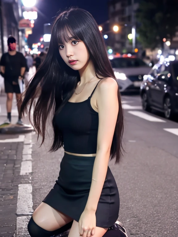 insanely detailed, absurdres, city, female, shy, embarrassed, squatting, looking at viewer, long hair, black hair, black eyes, tall, slender, mini skirt, tank top, in the city, at midnight, full body shot, front view, ground-level shot