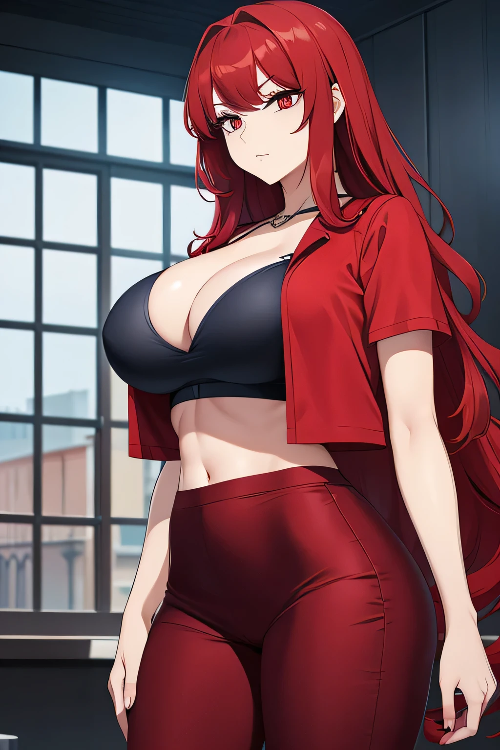 A tall beautiful cool woman with a big chest, long wavy red hair, her round red eye shines with a big black eyelash, she wears a red shirt, a vest, a metallic black bra, shows her navel and long navy blue pants.