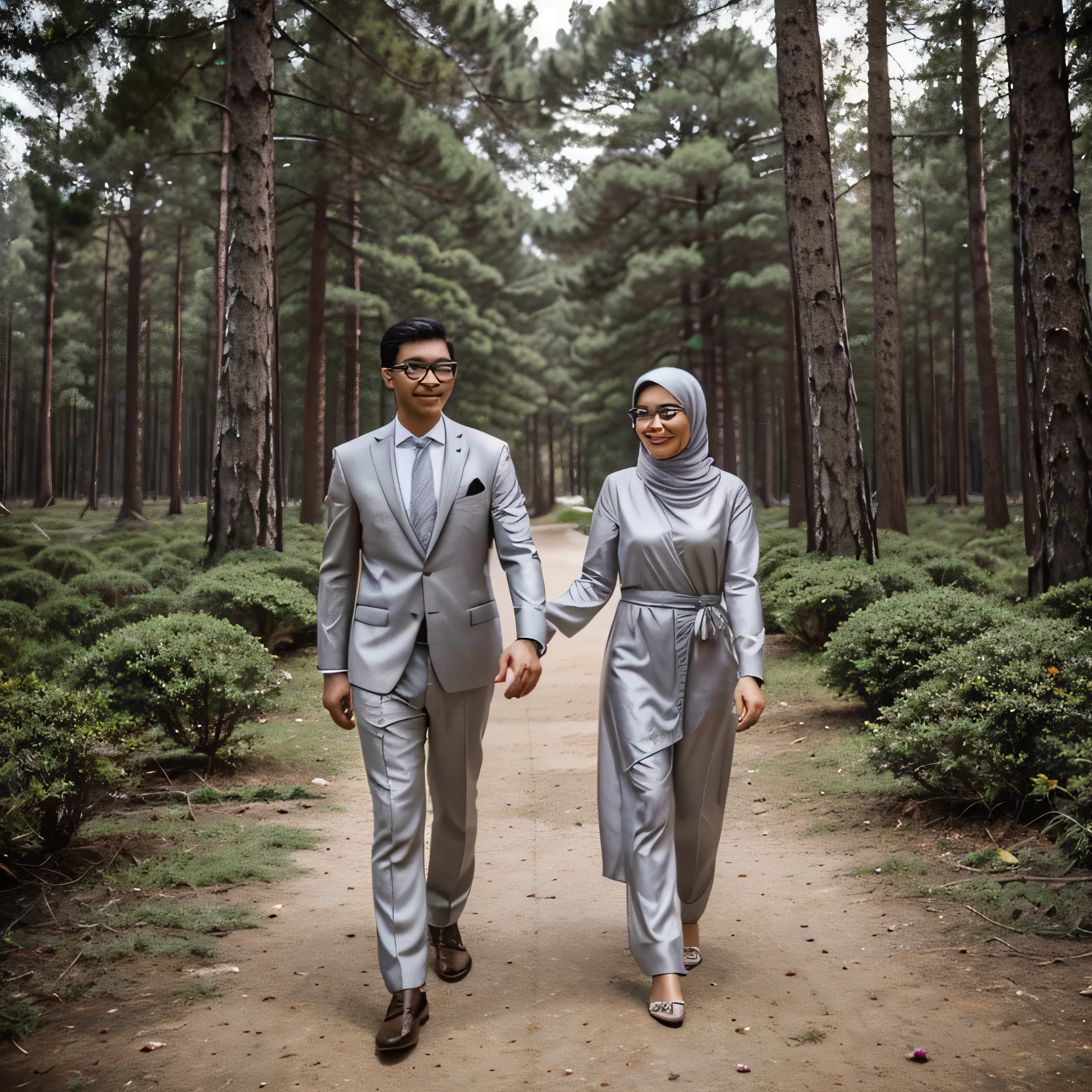 a man and a woman aged 26 years attracted Indonesia's attention. men wear suits silver color, trousers and wear glasses. while women wear gloves silver color and wearing a hijab, holding a bouquet rustic flowers. both are created like medium walking with a happy expression. photo location it is in a pine forest