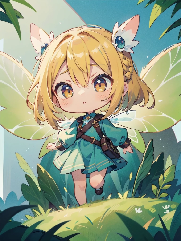 chibi, fantasy art, flying fairy girl, wearing fairy wings, blond hair, braid hair, (stare or glare with scornful eyes), from front, vivid clolor, high-saturation, best-quarity,