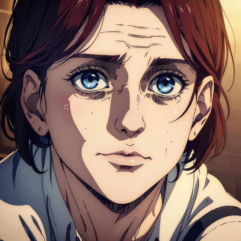 (best quality, highres, masterpiece:1.2), ultra-detailed, (realistic, photorealistic, photo-realistic:1.37),female character older, in her late 40s, Mappa art style, blue eyes, auburn hair, she has a great jawline, she wrinkles all over her face