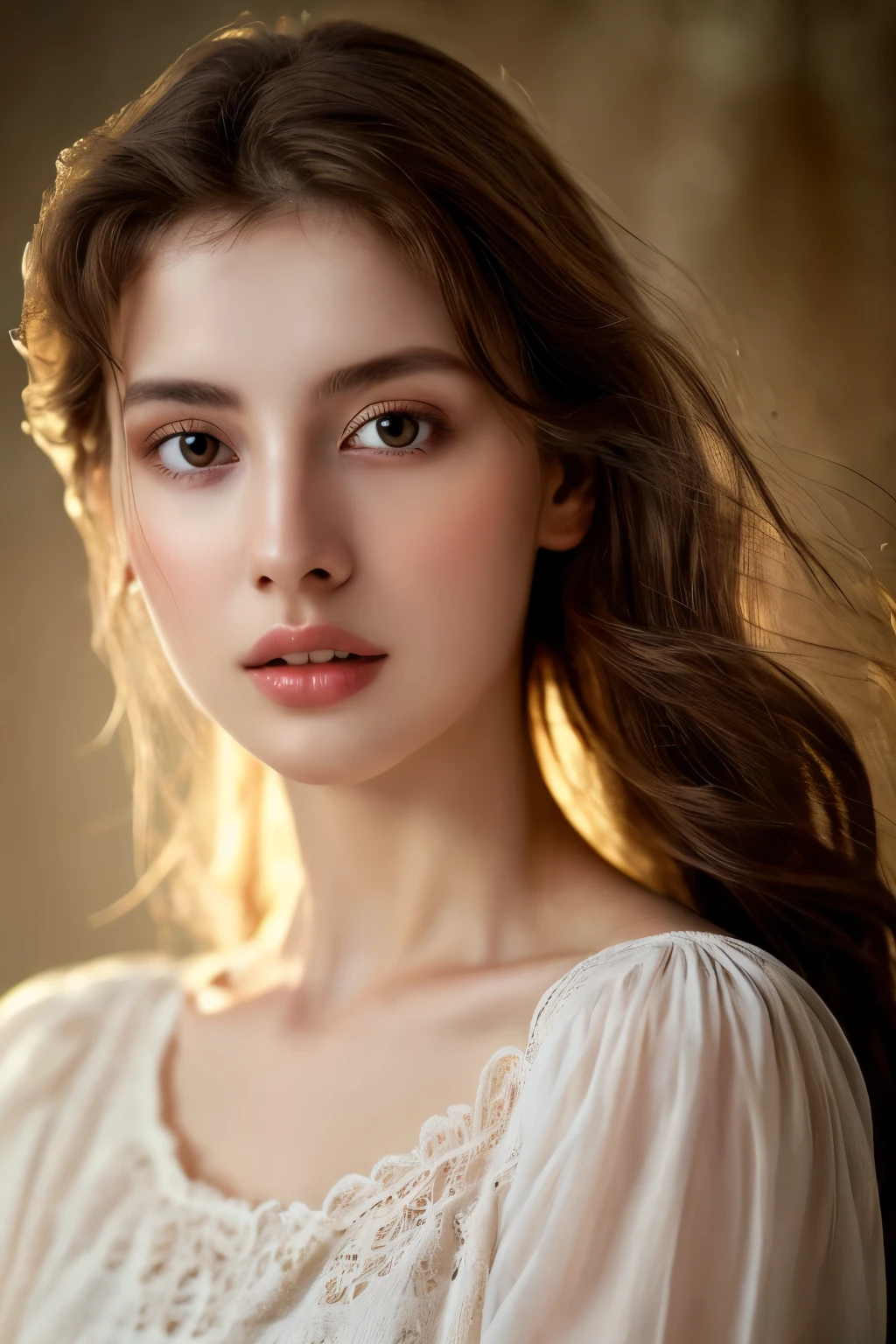 detailed skin, long flowing hair, delicate facial features, graceful pose, soft lighting, artistic painting, vibrant colors, ethereal atmosphere, mesmerizing gaze, flawless complexion, enchanting beauty, surreal background, (Wearing blouse:1.2)