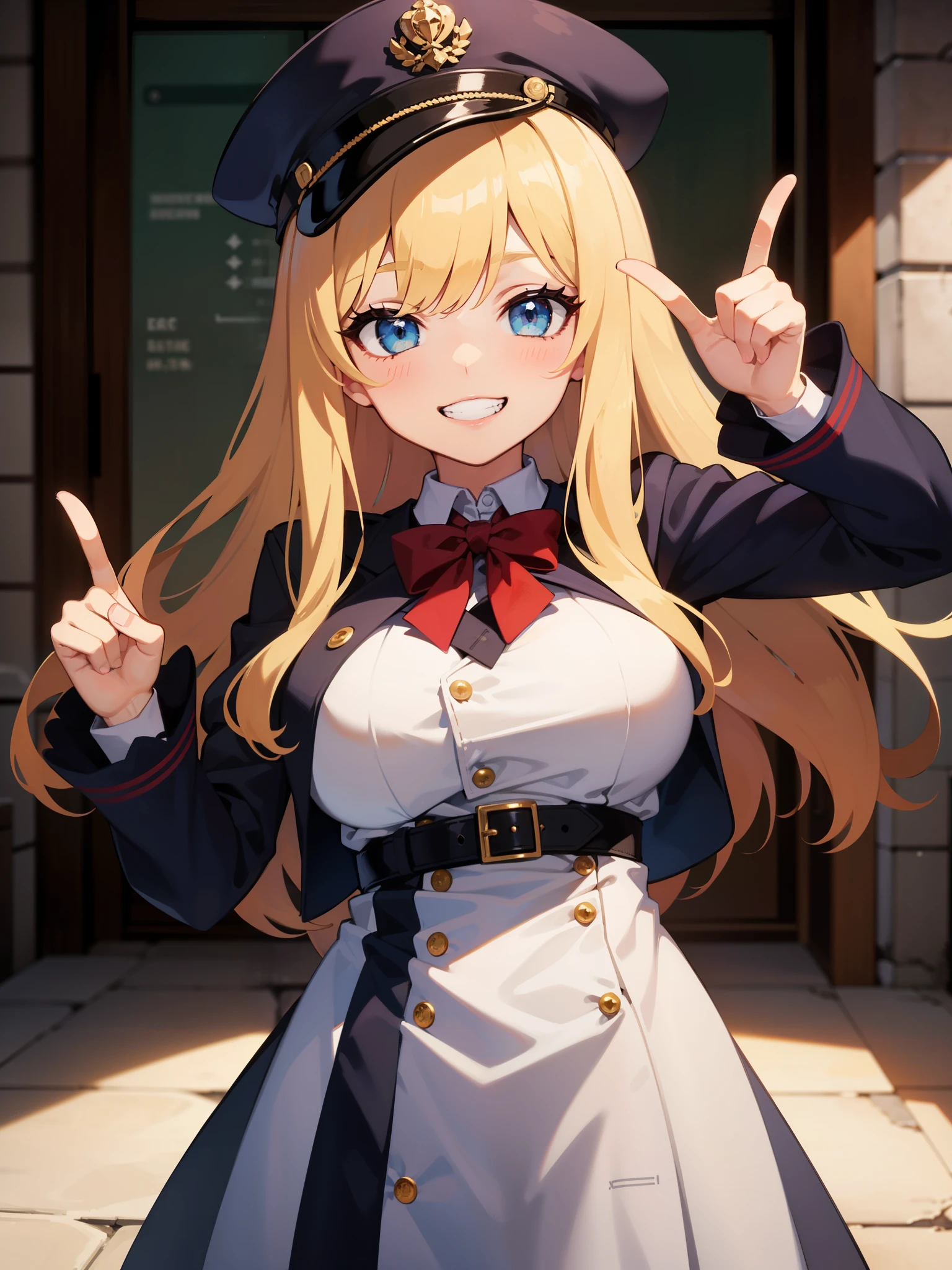 rating:safe, 1girl, hat, blonde_hair, solo, blue_eyes, smile, long_hair, long_sleeves, breasts, grin, dress, looking_at_viewer, large_breasts, striped, teeth, mob_cap, index_finger_raised, ribbon