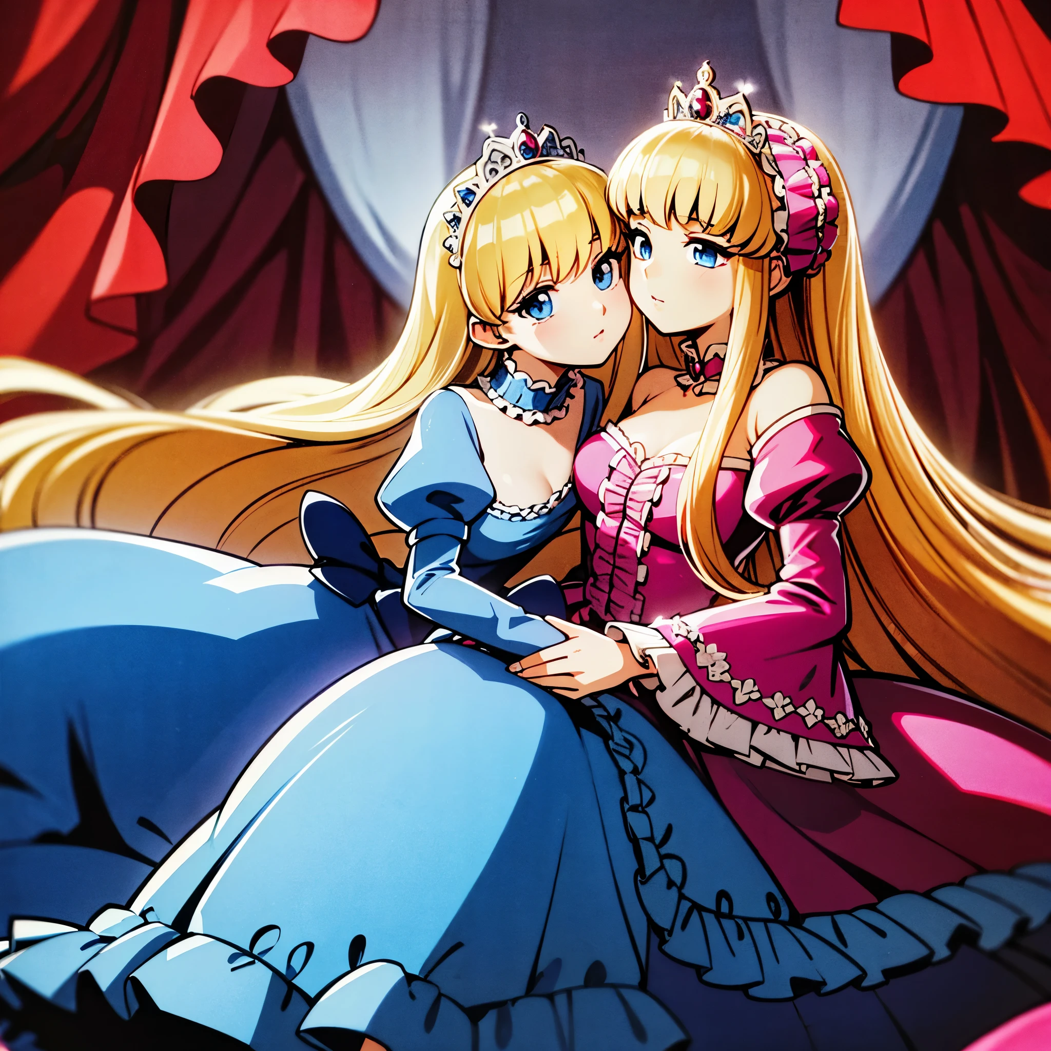 ,highest quality, masterpiece, Highest Resolution, artwork, super それにGet used to it, many Get used to it, Get used to it, それにGet used to it, 3K realistic photos,,(( Age 10)),Super detailed baby face,She is a princess,Full-length ball gown dress with hoop skirt,Frilled yoke collar,Puff sleeves,Long sleeve,((Lolita style hot pink detailed princess satin dress、Lots of frills and ribbons。)),Colorful Rococo Fashion,shiny satin dress,Soft and smooth fabric,luxury,Long blonde hair,blue eyes,White skin European,pajamas,((Inside the palace)),,,(( Age 10)),Super detailed baby face,Full-length ball gown dress with hoop skirt,Frilled yoke collar,Puff sleeves,腰まで伸びるLong blonde hair,blue eyes,White skin European,pajamas,((Inside the palace bedroom)),ピンクのシルクサテンのluxuryなCanopy bedの上,Canopy bed,Luxurious curtains under a canopy,There were a lot of frilly pillows on the bed.,Two people hugging each other,They are in love,Highly detailed background,Detailed bed,Romantic atmosphere,