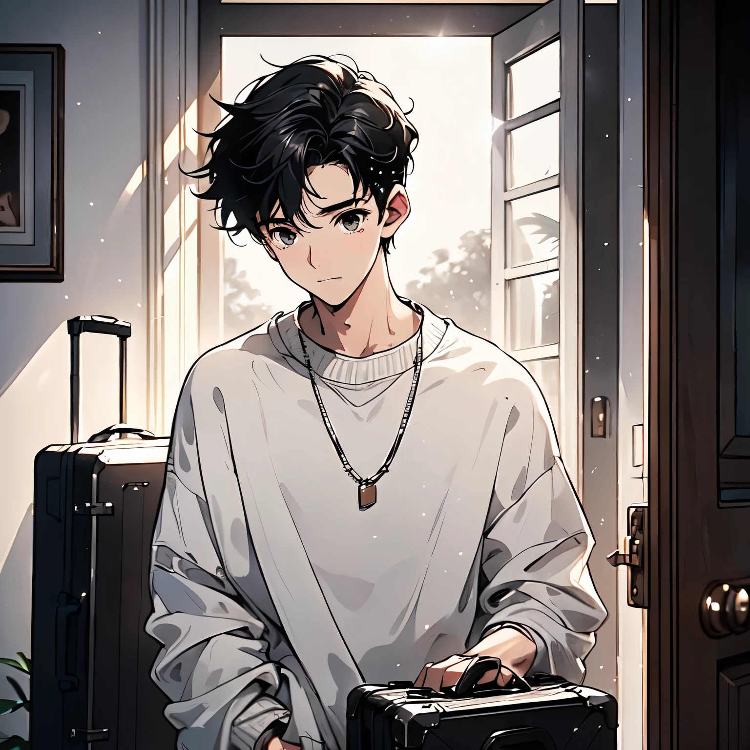 A black hair,18-year-old man in white sweater,Standing in front of the door of the living room of the house,reach forward,Carrying a suitcase,Sad expression,Laugh and cry,Tears(Upper body display:1.5)(cinematic lighting:1.5))(ultra-high detail:1.5)(best quality:1.5)