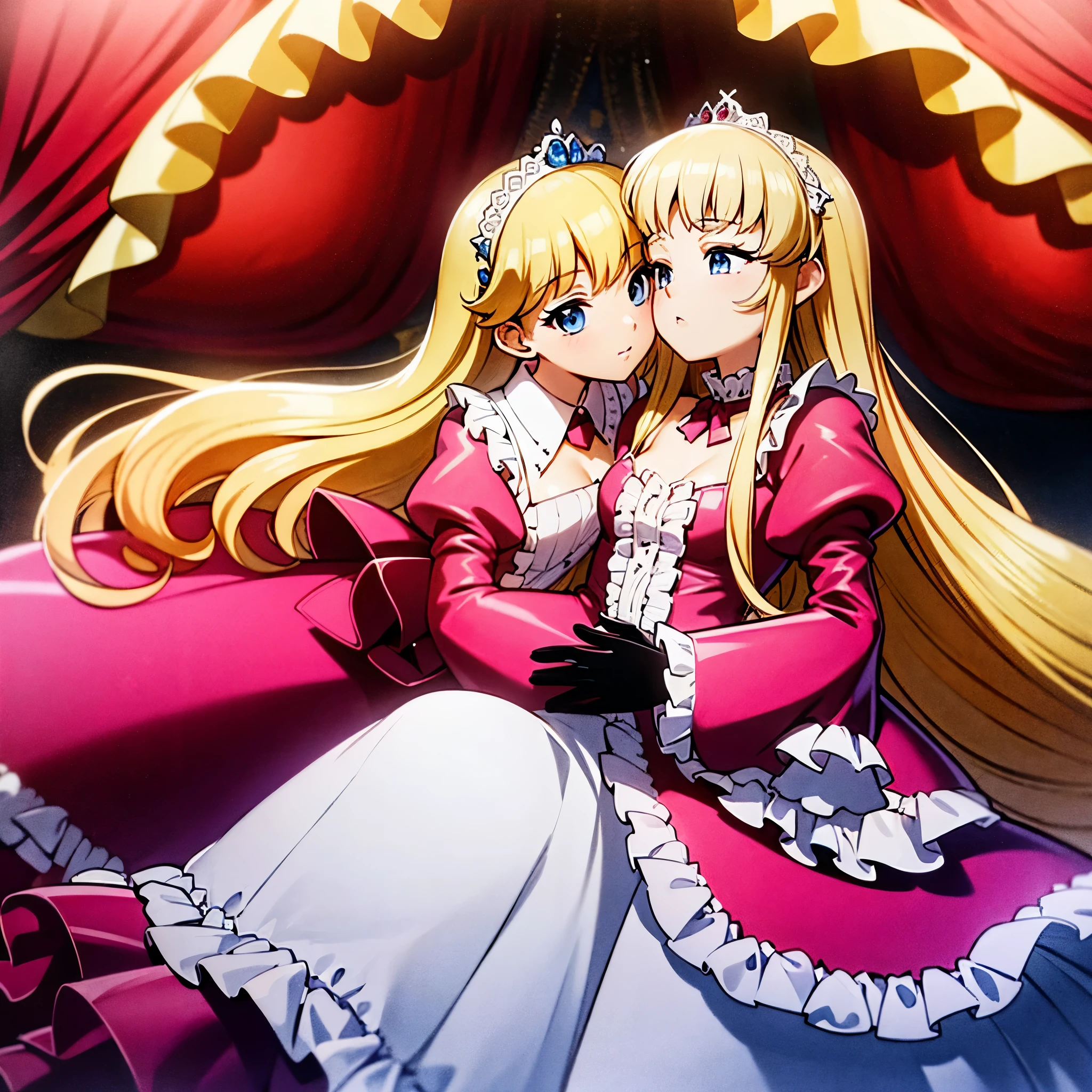 ,highest quality, masterpiece, Highest Resolution, artwork, super それにGet used to it, many Get used to it, Get used to it, それにGet used to it, 3K realistic photos,,(( Age 10)),Super detailed baby face,She is a princess,Full-length ball gown dress with hoop skirt,Frilled yoke collar,Puff sleeves,Long sleeve,((Lolita style hot pink detailed princess satin dress、Lots of frills and ribbons。)),Colorful Rococo Fashion,shiny satin dress,Soft and smooth fabric,luxury,Long blonde hair,blue eyes,White skin European,pajamas,((Inside the palace)),,,(( Age 10)),Super detailed baby face,Full-length ball gown dress with hoop skirt,Frilled yoke collar,Puff sleeves,腰まで伸びるLong blonde hair,blue eyes,White skin European,pajamas,((Inside the palace bedroom)),ピンクのシルクサテンのluxuryなCanopy bedの上,Canopy bed,Luxurious curtains under a canopy,There were a lot of frilly pillows on the bed.,Two people hugging each other,They are in love,Highly detailed background,Detailed bed,Romantic atmosphere,