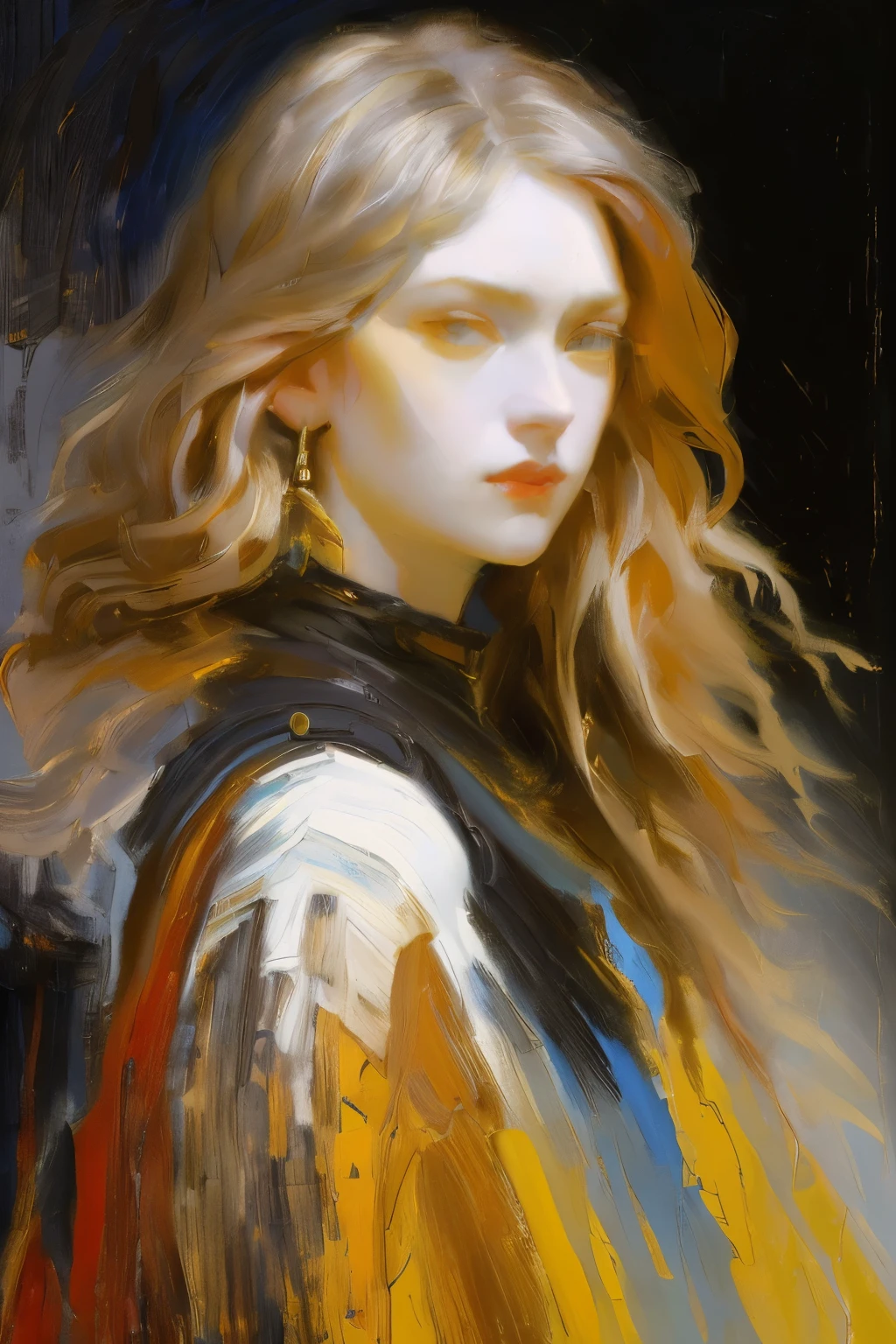 (Style by NTY:1.4), (top-quality、​masterpiece:1.2) 1woman, detailed oil portraiture art of a character, loose oil paint, thick paint, portrait, video game character art, female, black background, stunning, perfect artwork, bob cut, street wear, yellow dyed red at the ends, blue eyes