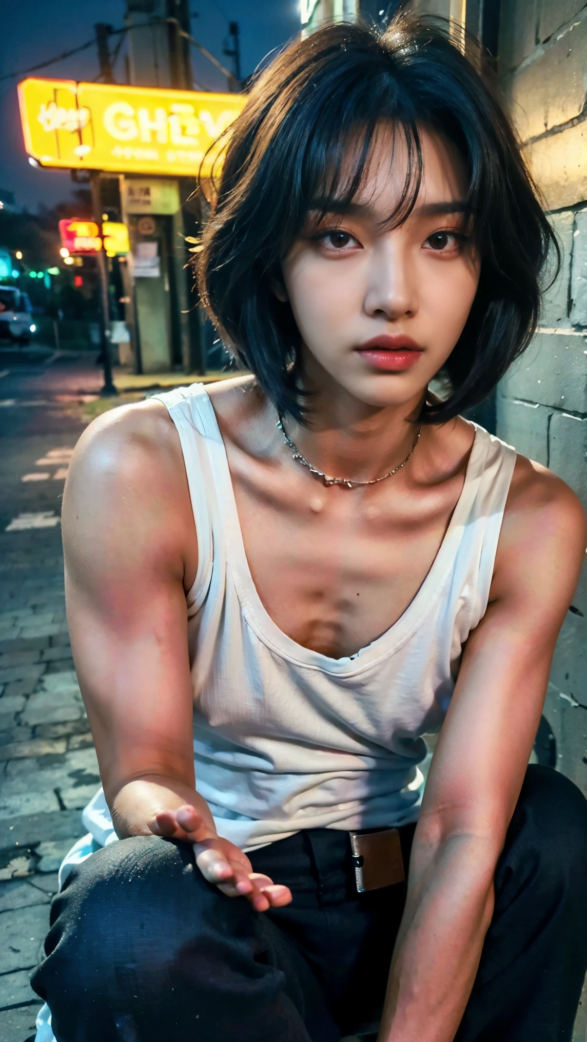 Realistic photos, 8k,(((A bustling neon street,Crouching,Begging,Homeless,Handsome young Korean ladyboy with bob cut))),(((Big eyes,Glaring at the camera,Unpleasant,Bad mood))),Chest is male,18-year-old,(Ultra-realistic), (figure), (High resolution), (8k), (Very detailed), (Best figure), (Beautiful fine details), (highest quality), (Super detailed), (masterpiece), (wallpaper), (Detailed face), ((whole body,Flat Chest,Very muscular)),alone,Black hair bob cut,(((A girl with makeup on her face,The body is a perfect man))), Black tank top,Training pants,Transgender,Korean,kpop,(((holding a menu written on paper))),Muscular male chest