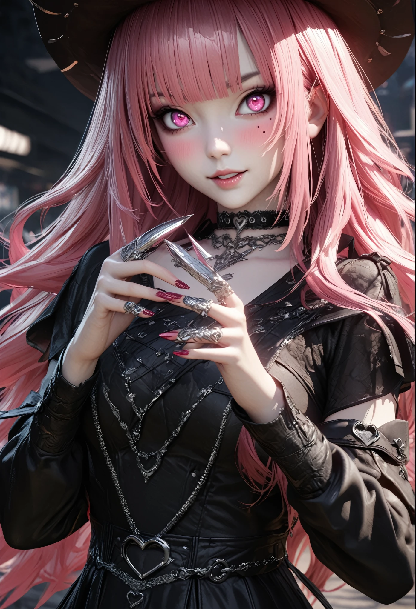 A very cute goth anime girl with Pink hair and bangs, wearing rings on her fingers, pale skin, sharp eyes, dark makeup, she has long acrylic nails that have been painted silver, intricate rings on fingers, wearing an all-black outfit, She exudes sophistication and cool. in the style of hyper realistic. fasion style, mysterious smile, --ar 3:4 --niji 6 --style raw --s 1000 masterpiece,highest quality, Very detailed, High resolution, expensive resolution, High resolution, 4K, 8k, unity 8k wallpaper, Very detailed CG, masterpiece, Realistic, 2D, 3D, Beautiful details, depth, Fine texture , highest quality: 1.3, Fully focused, Crispy.skin, .he, Very cute anime girl 、Cowboy Styleの衣装、Cowboy hat、Cowboy boots テキカン 荒野、Pink semi-long hair wearing expensive , One Girl、alone, Pink semi-long hair, Cowboy Style、Cowboy hat、Long sword、duel、Cowboy boots、computer、disk、Mole under the eye, looking at the viewer , expensive , blush, Mole, Lips parted, hair ornaments, heart, Pink Eyes, choker