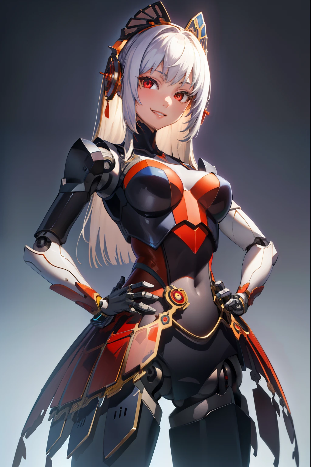 metis,android,robot joints,(extremely detailed CG unity 4k wallpaper),(masterpiece),(best quality),(ultra-detailed),(best illustration),(best shadow),(absurdres),(Simple background), White long hair (Hime cut), Red eyes, Smile, happy, Hands on hips,