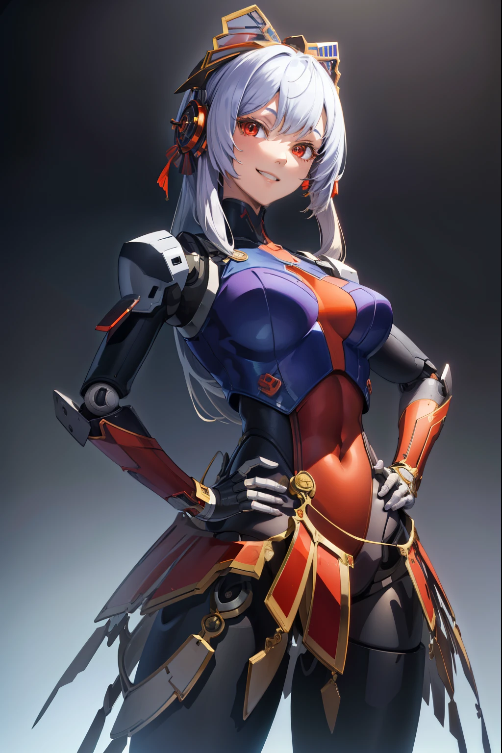 metis,android,robot joints,(extremely detailed CG unity 4k wallpaper),(masterpiece),(best quality),(ultra-detailed),(best illustration),(best shadow),(absurdres),(Simple background), White long hair (Hime cut), Red eyes, Smile, happy, Hands on hips,