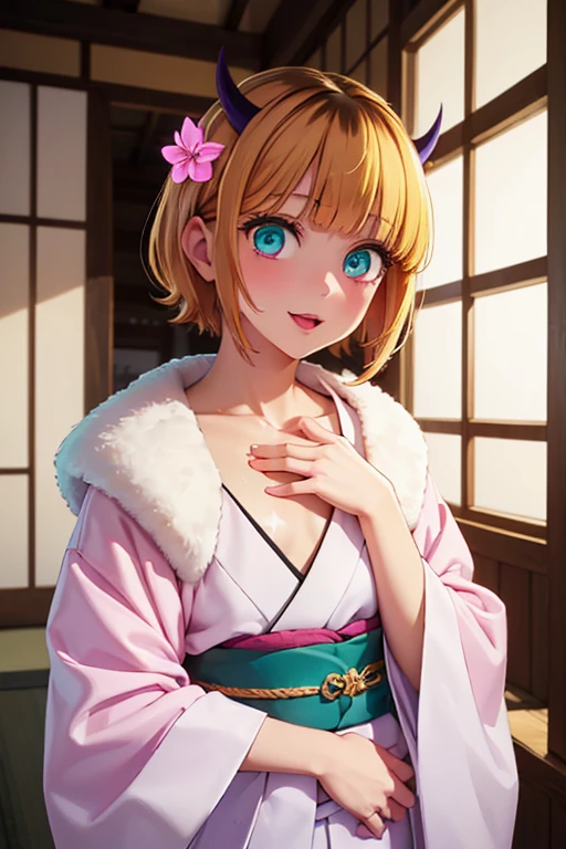 Very detailed CG Unity 8K wallpaper, Cute One lady, Mature hair、lady ,beautiful lady, pale skin (Super masterpiece, Beautiful person, well detailed face polluted smile, Photorealistic, hyper realisitic), Colorful winter kimono in pink and white colors、(white fur)、Japanese Style Hair Accessories、smile、Japanese background with light pink flowers and snow、Portrait、(ref Eyes)、(flat chest:1.3)、(Glowing Skin:1.7)、Detailed eyes、Big eyes、Open your mouth、Hide your armemcho, short hair, blonde hair, multicolored hair, horns, bangs, brown hair, black hair, blunt bangs, two-tone hair, (aqua eyes:1.3)),